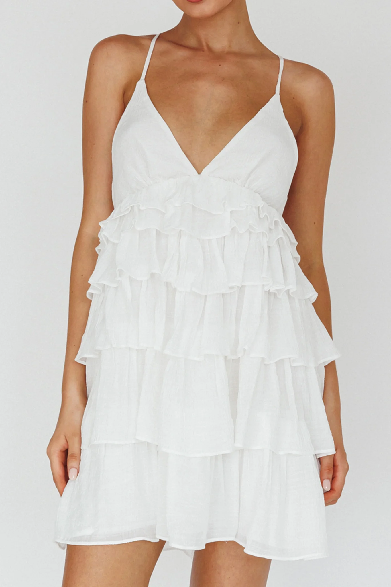 Dellia Tiered Ruffle Mini Dress Off White - Image 4