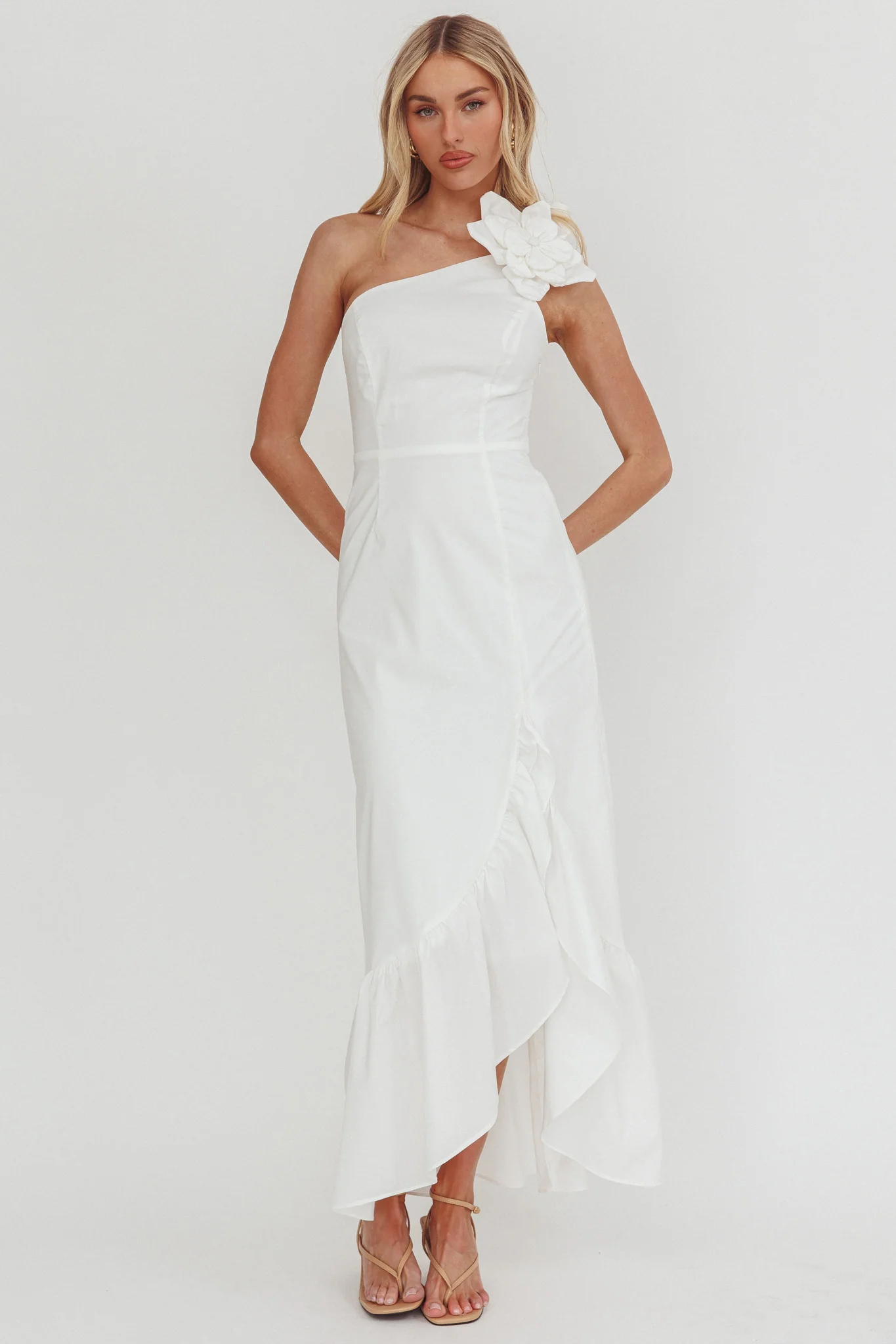 Dena One-Shoulder Frill Hem Maxi Dress White - Image 5