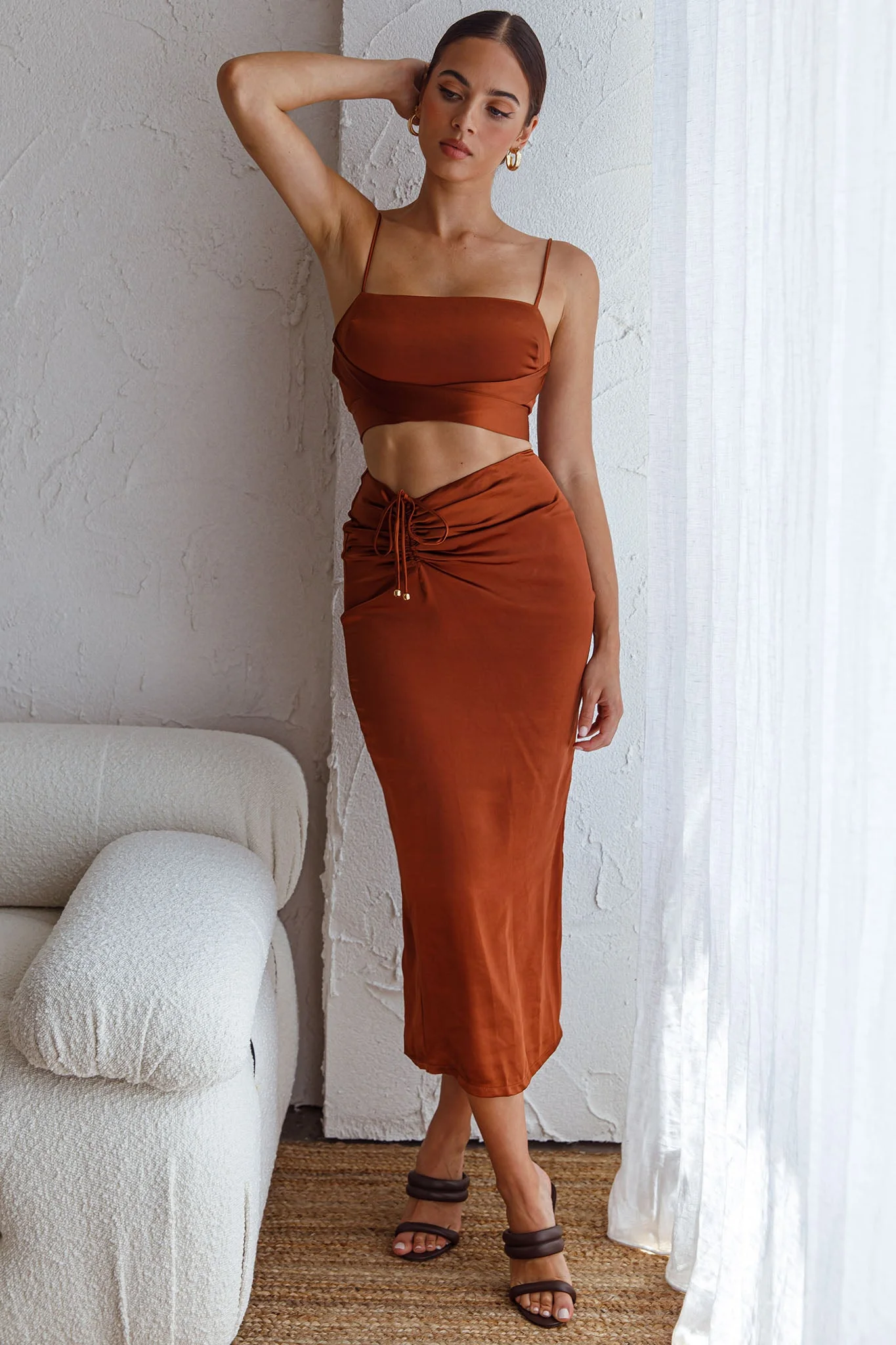 Desert Skies Ruched Drawstring Satin Midi Skirt Chocolate - Image 6