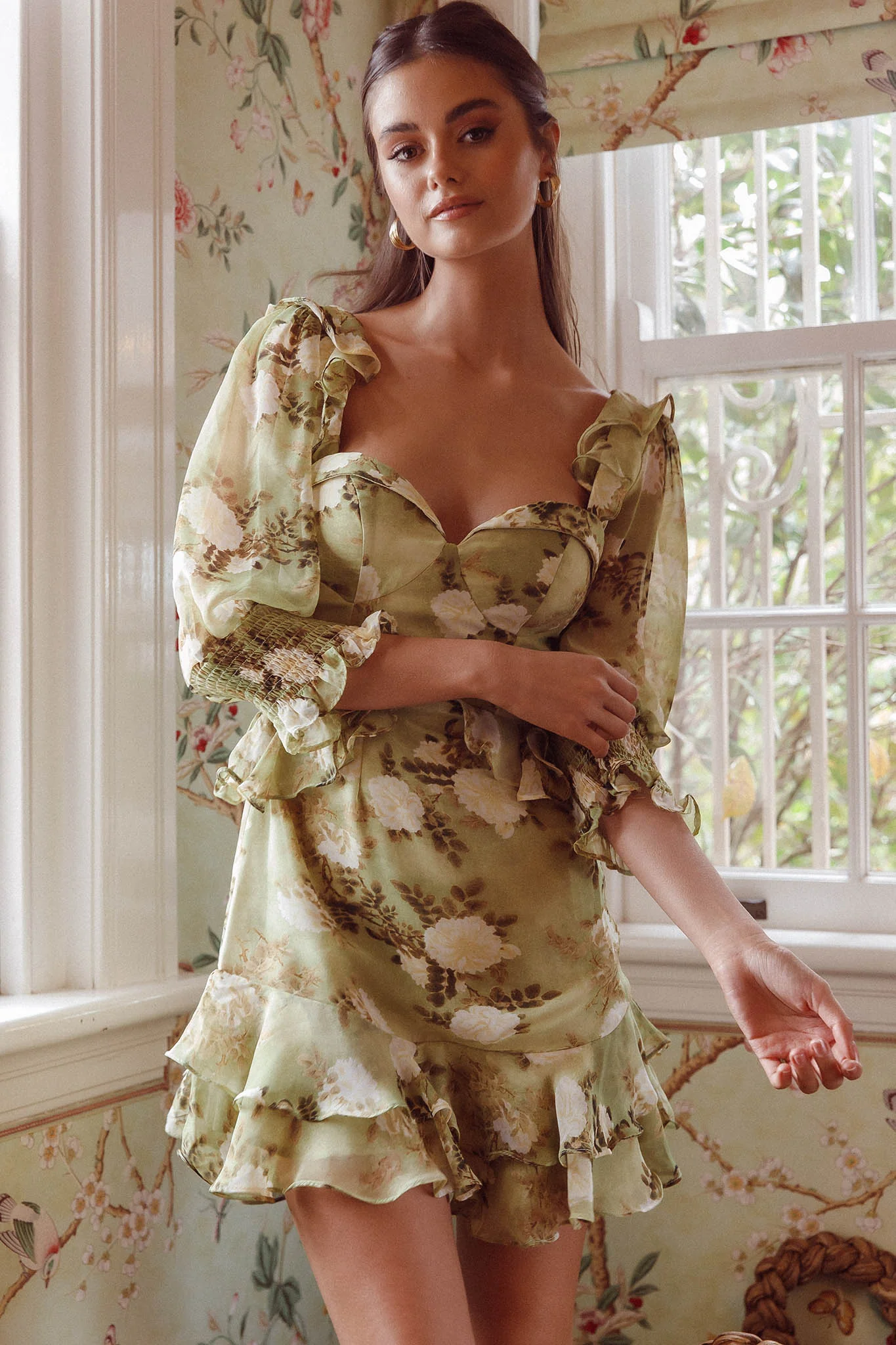 Desiree 3/4 Sleeve Sweetheart Neckline Frill Dress Floral Green - Image 8