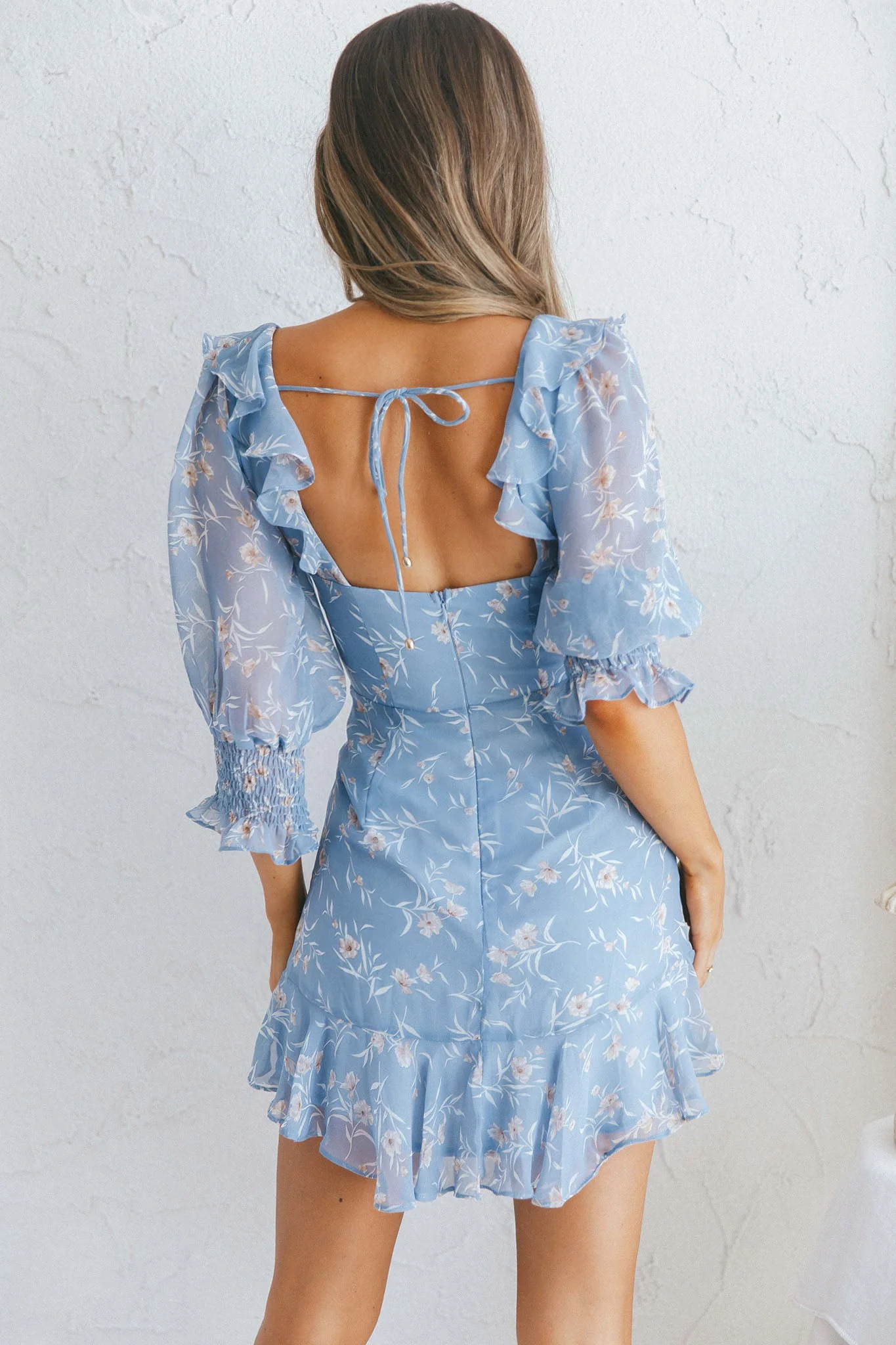 Desiree Sweetheart Neckline Shirred Cuff Frill Dress Floral Print Blue - Image 5