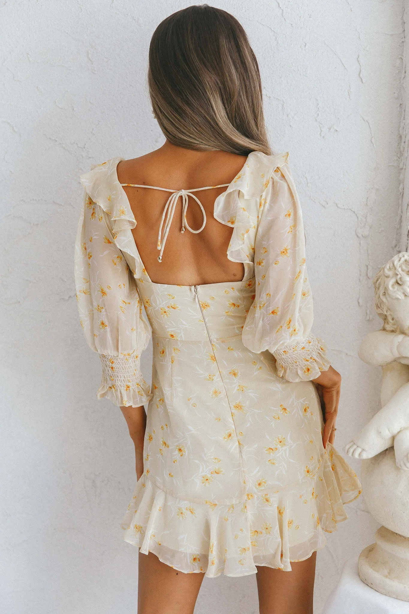 Desiree Sweetheart Neckline Shirred Cuff Frill Dress Floral Print Yellow - Image 3
