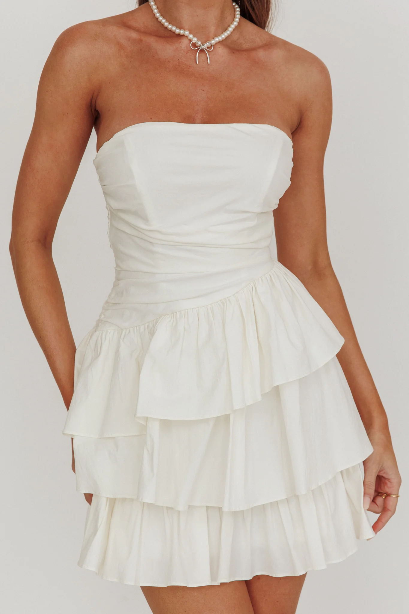 Destini Strapless Layered Frill Mini Dress Off White - Image 3