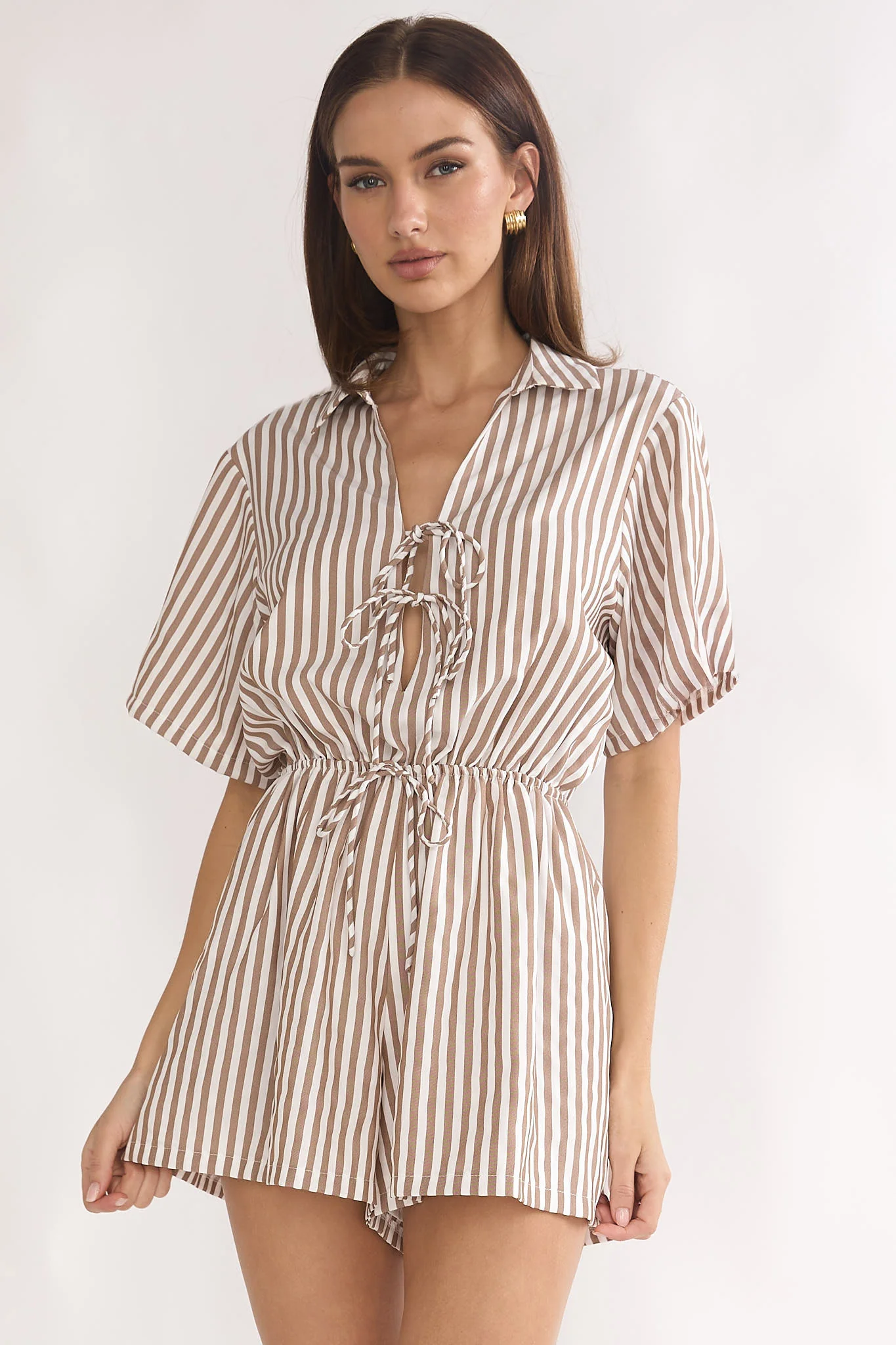 Devon Tie Front Romper Stripe Chocolate