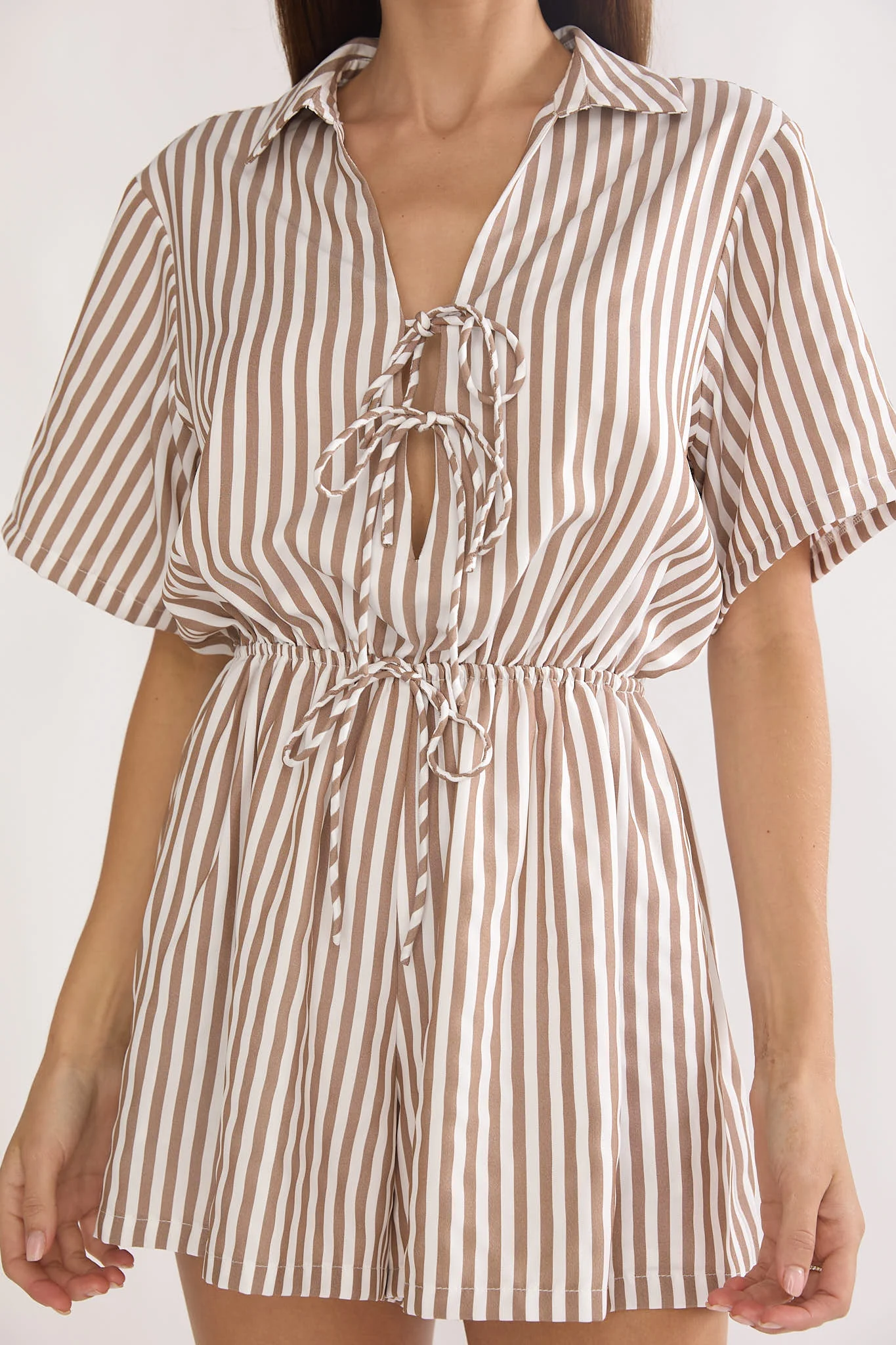 Devon Tie Front Romper Stripe Chocolate - Image 3