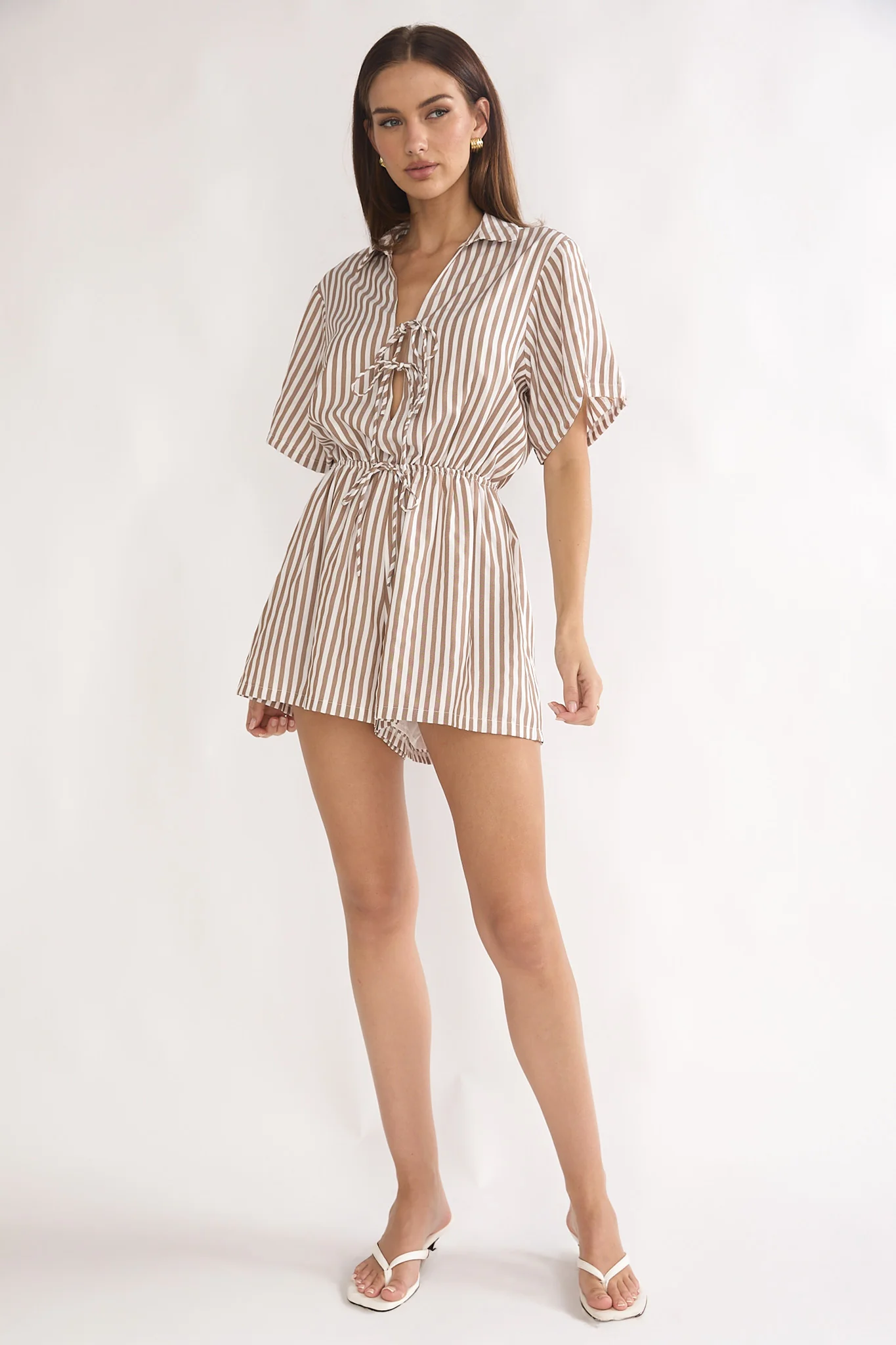 Devon Tie Front Romper Stripe Chocolate - Image 4