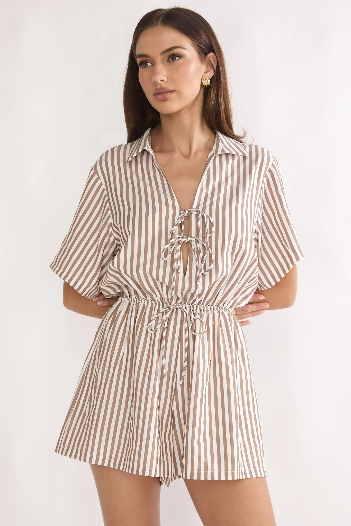 Devon Tie Front Romper Stripe Chocolate - Image 5