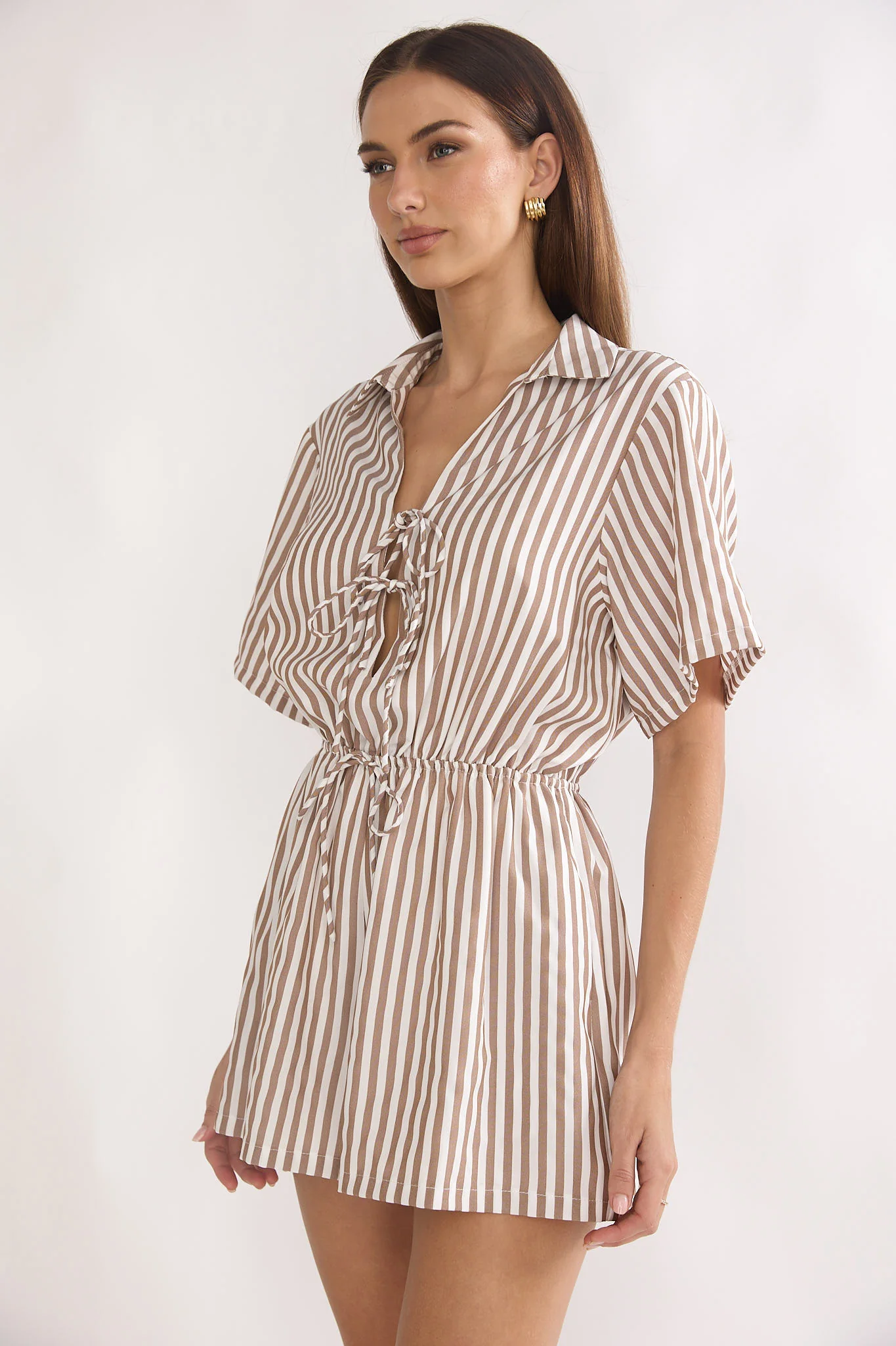 Devon Tie Front Romper Stripe Chocolate - Image 6