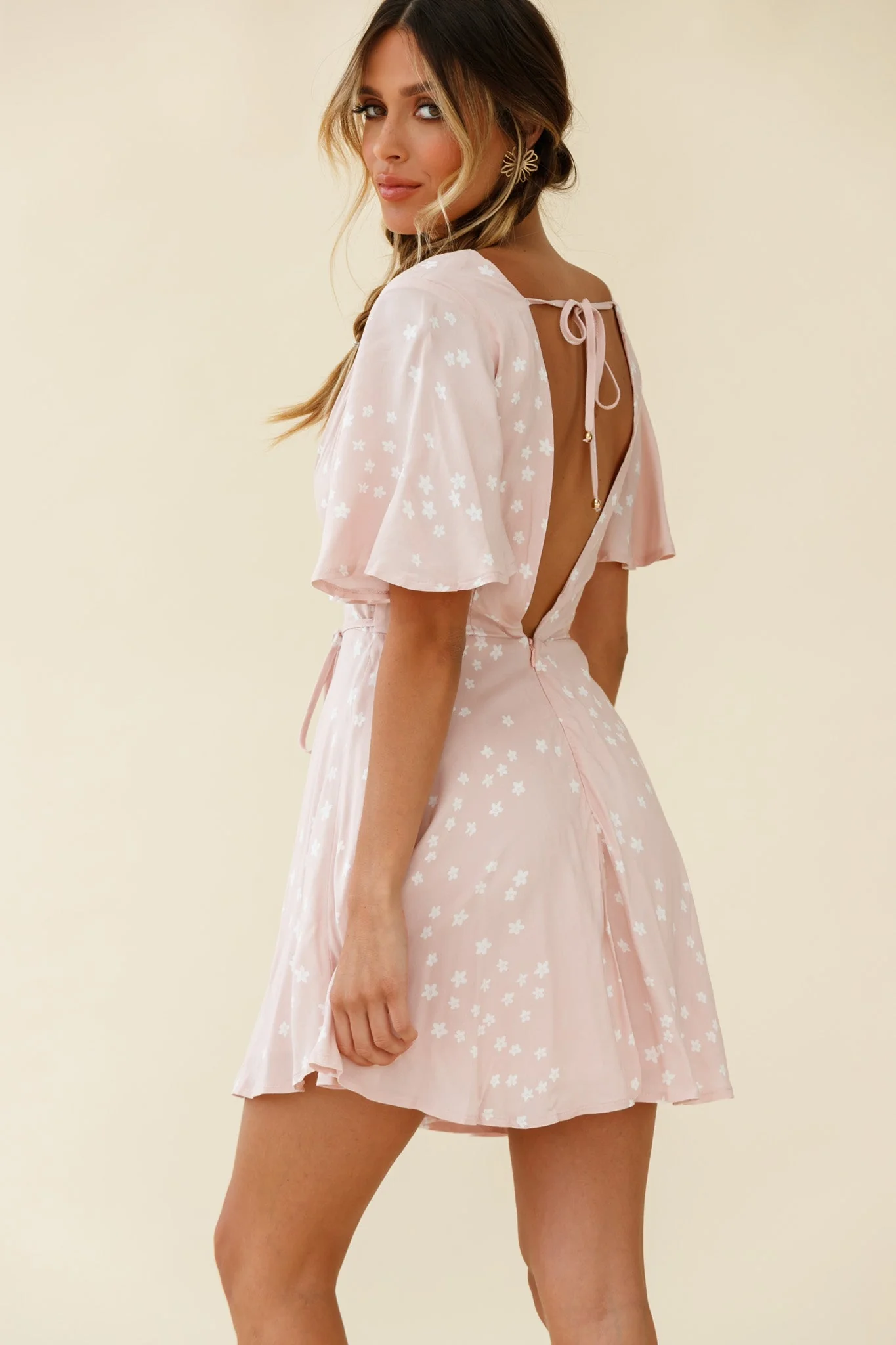 Dina V-Neckline Angel Sleeve Summer Dress Floral Print Pink - Image 3