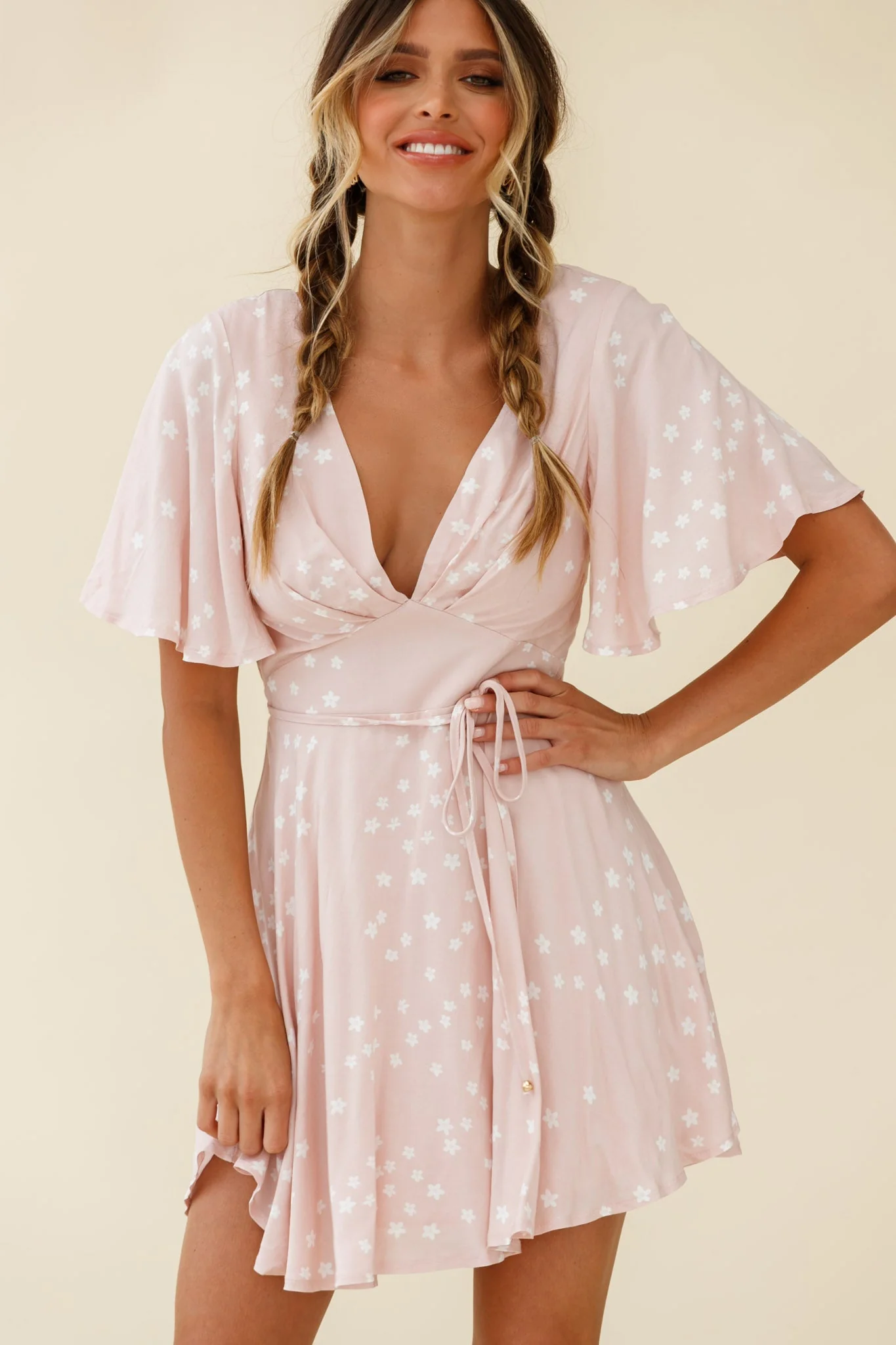 Dina V-Neckline Angel Sleeve Summer Dress Floral Print Pink - Image 5