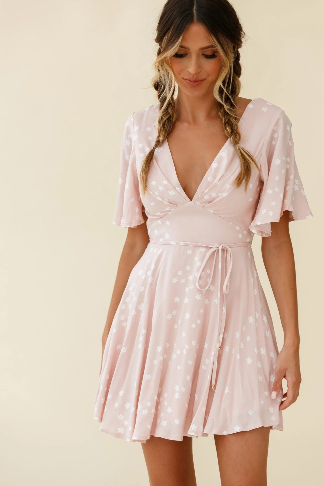 Dina V-Neckline Angel Sleeve Summer Dress Floral Print Pink - Image 7