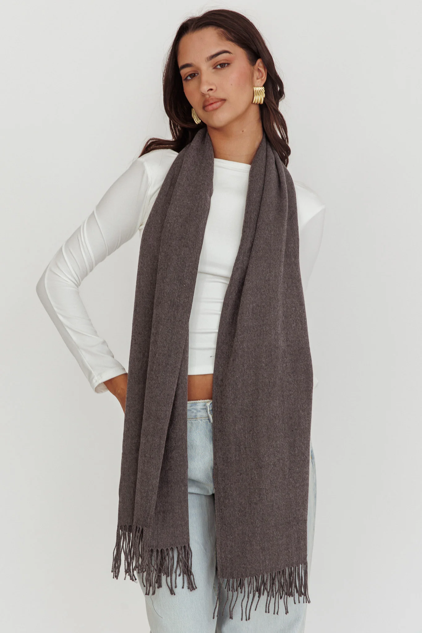 Diona Cashmere and Wool Fringed Scarf Grey - Image 3