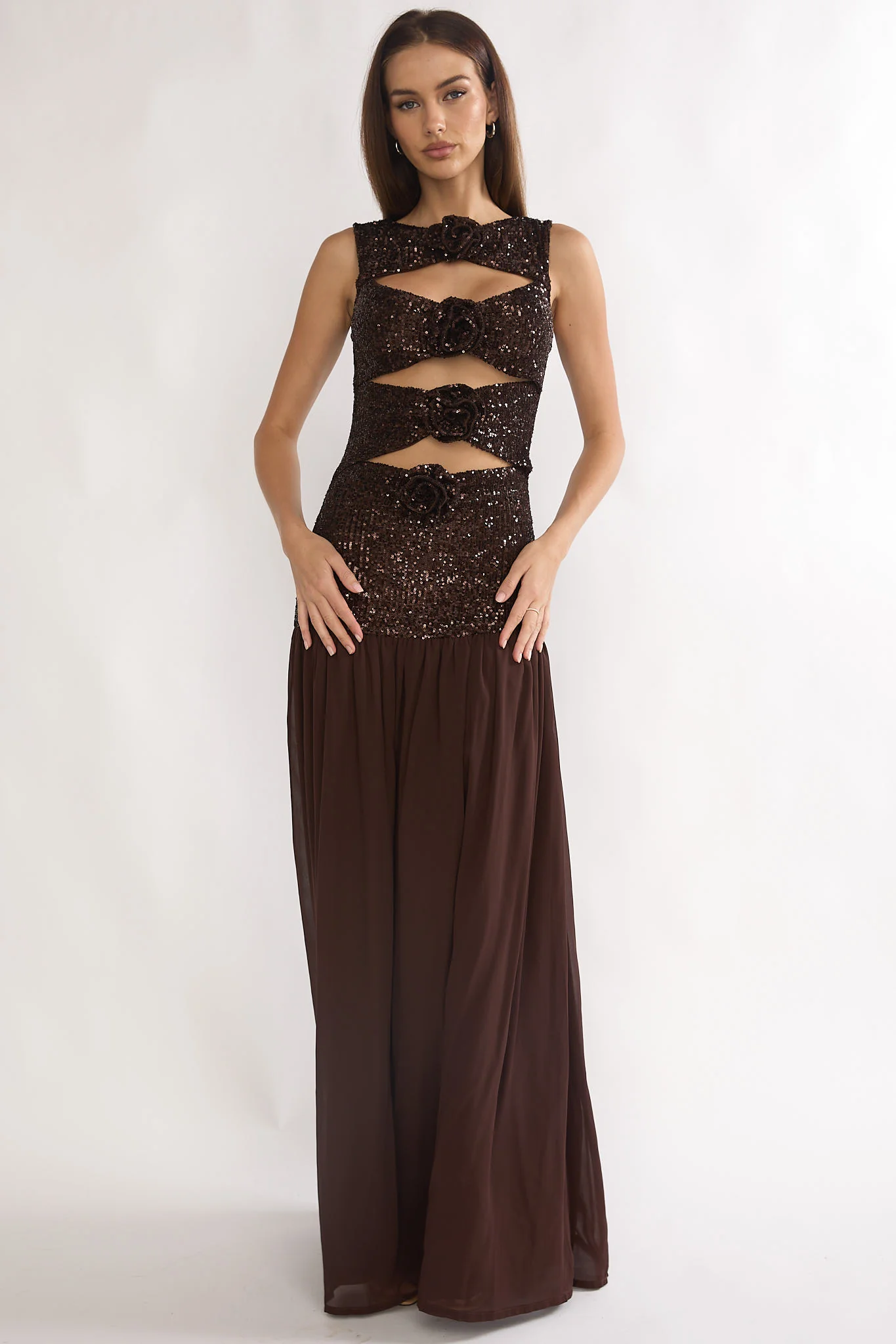 Dioris Rosette Cut-Out Sequin Maxi Dress Sequin Choco - Image 5