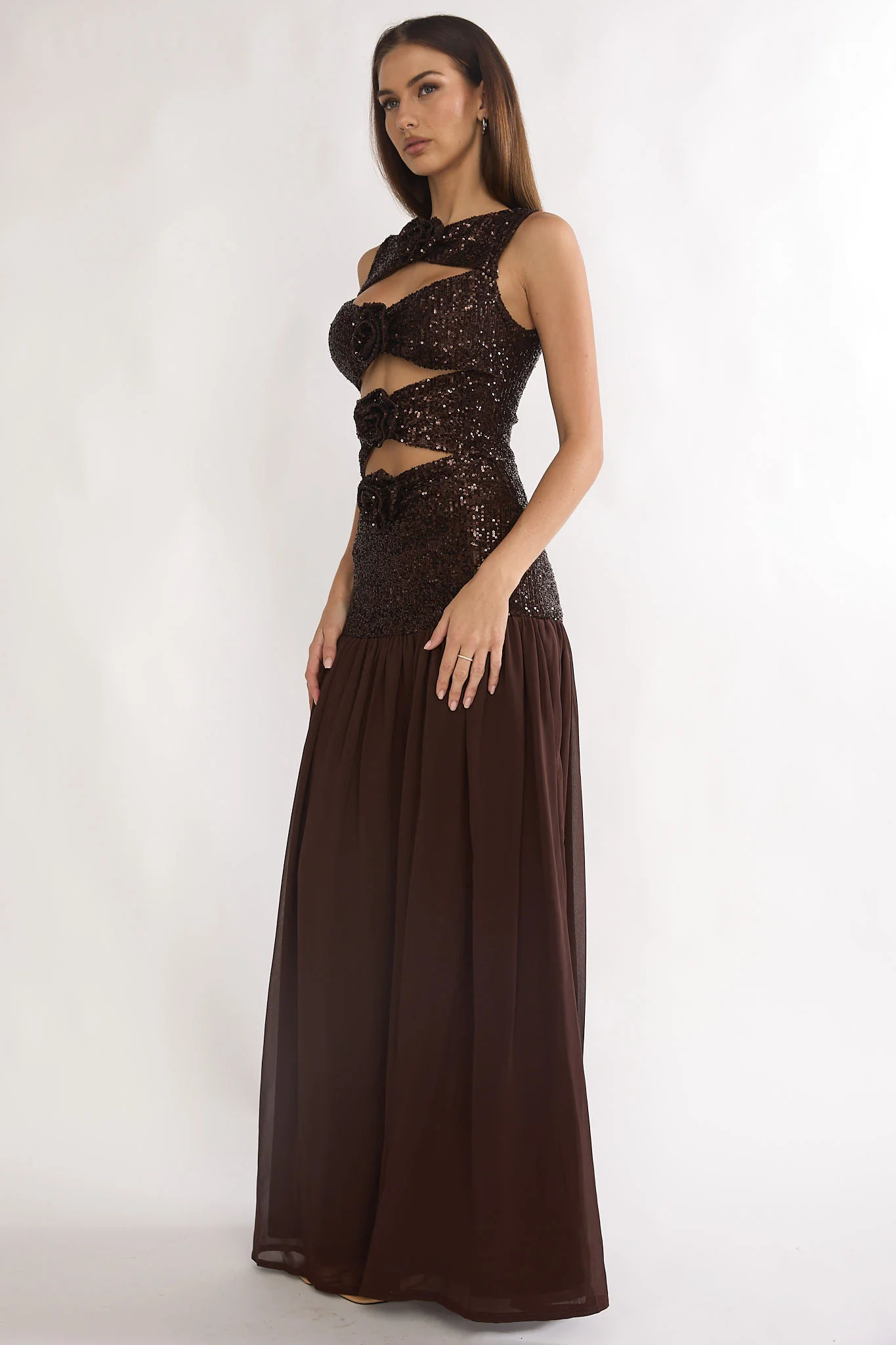 Dioris Rosette Cut-Out Sequin Maxi Dress Sequin Choco - Image 6