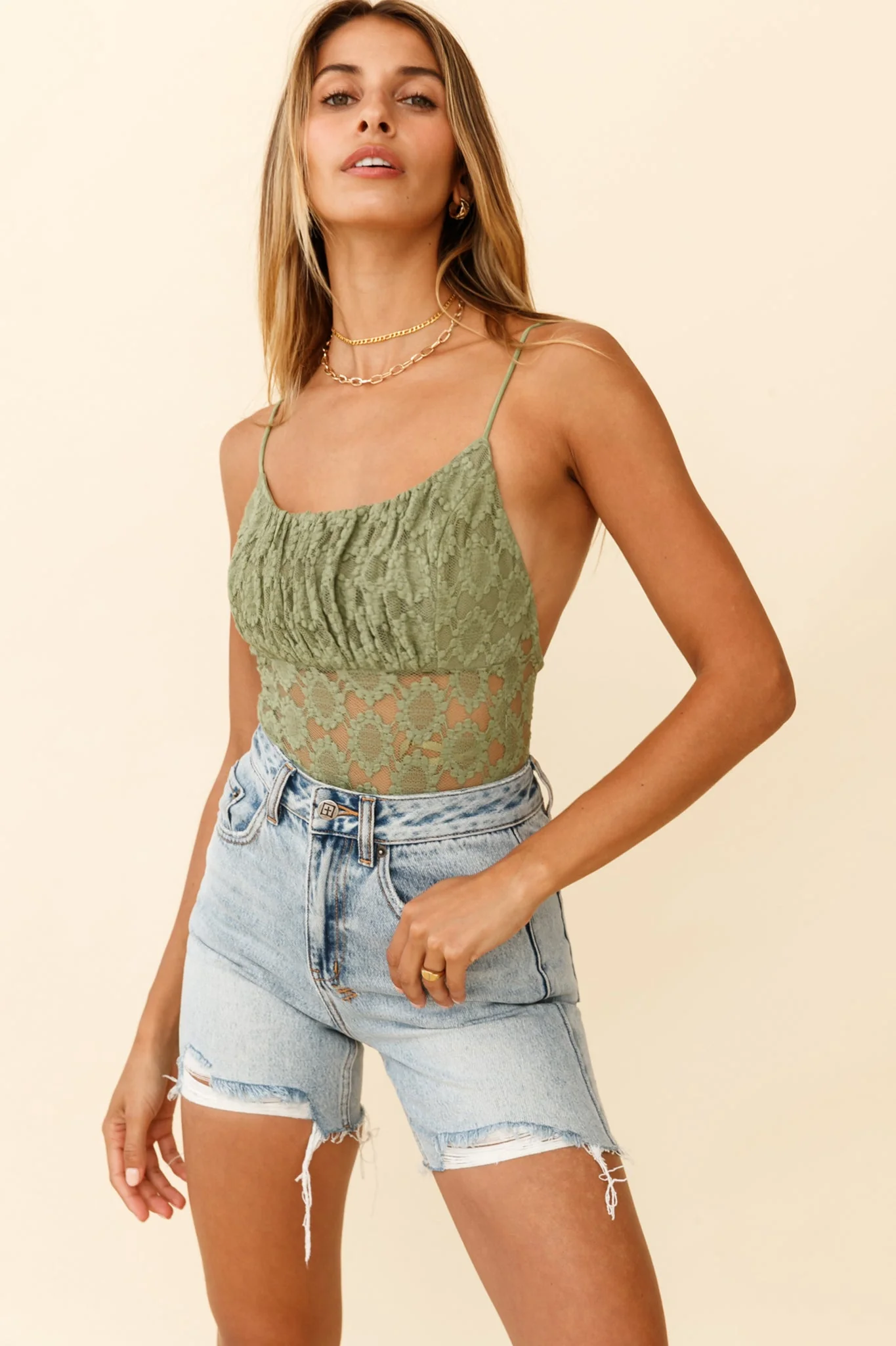 Dirty Dancing Ruched Bust Low-Back Lace Bodysuit Avocado - Image 5