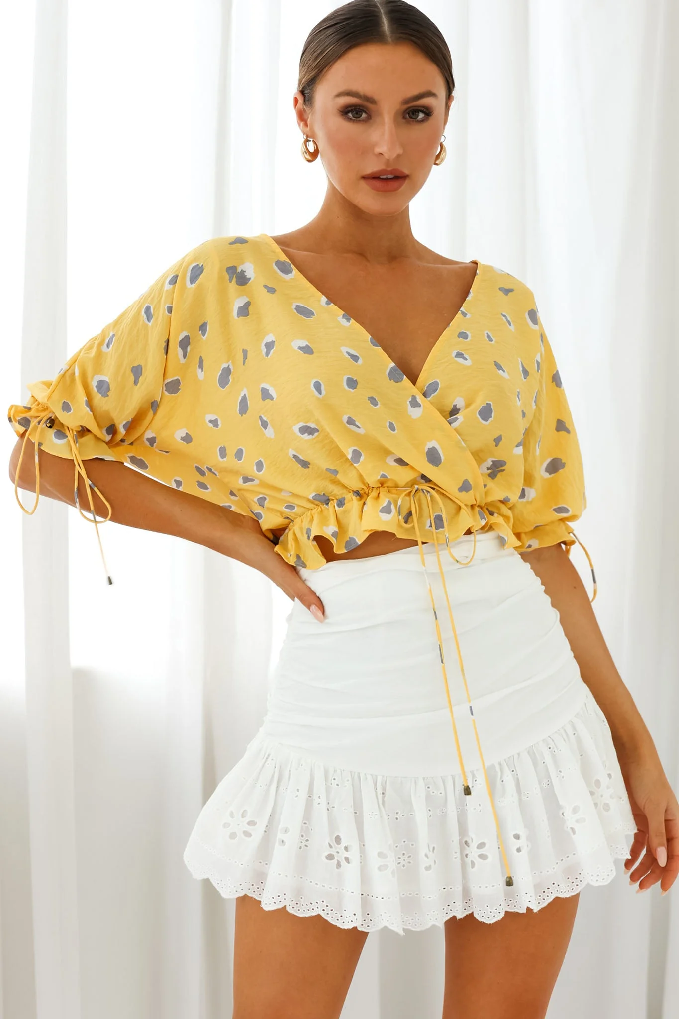 Distant Sun Drawstring Waist Crop Top Animal Print Yellow - Image 6