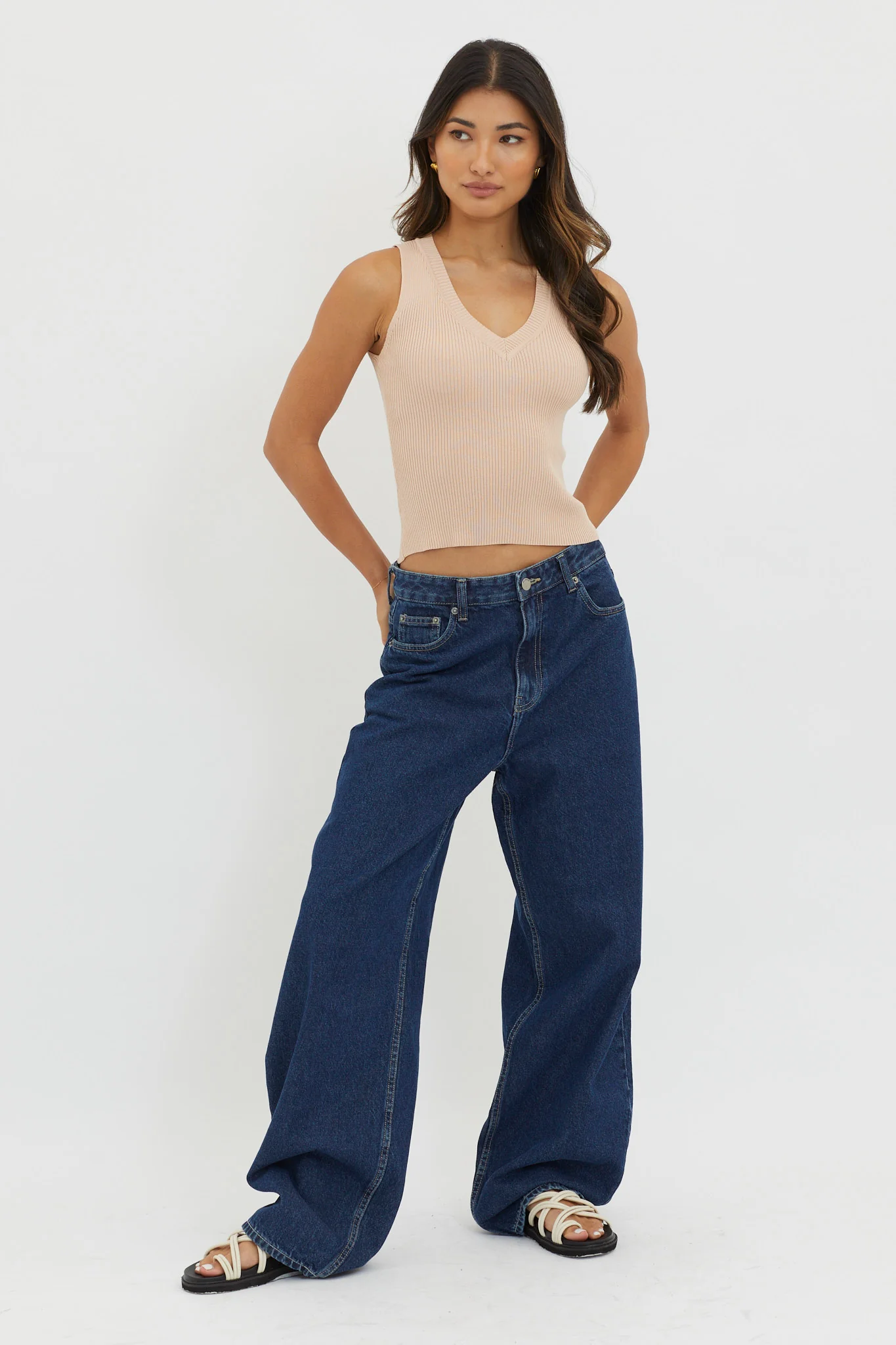 D'Lila V-Neck Ribbed Knit Top Beige - Image 3