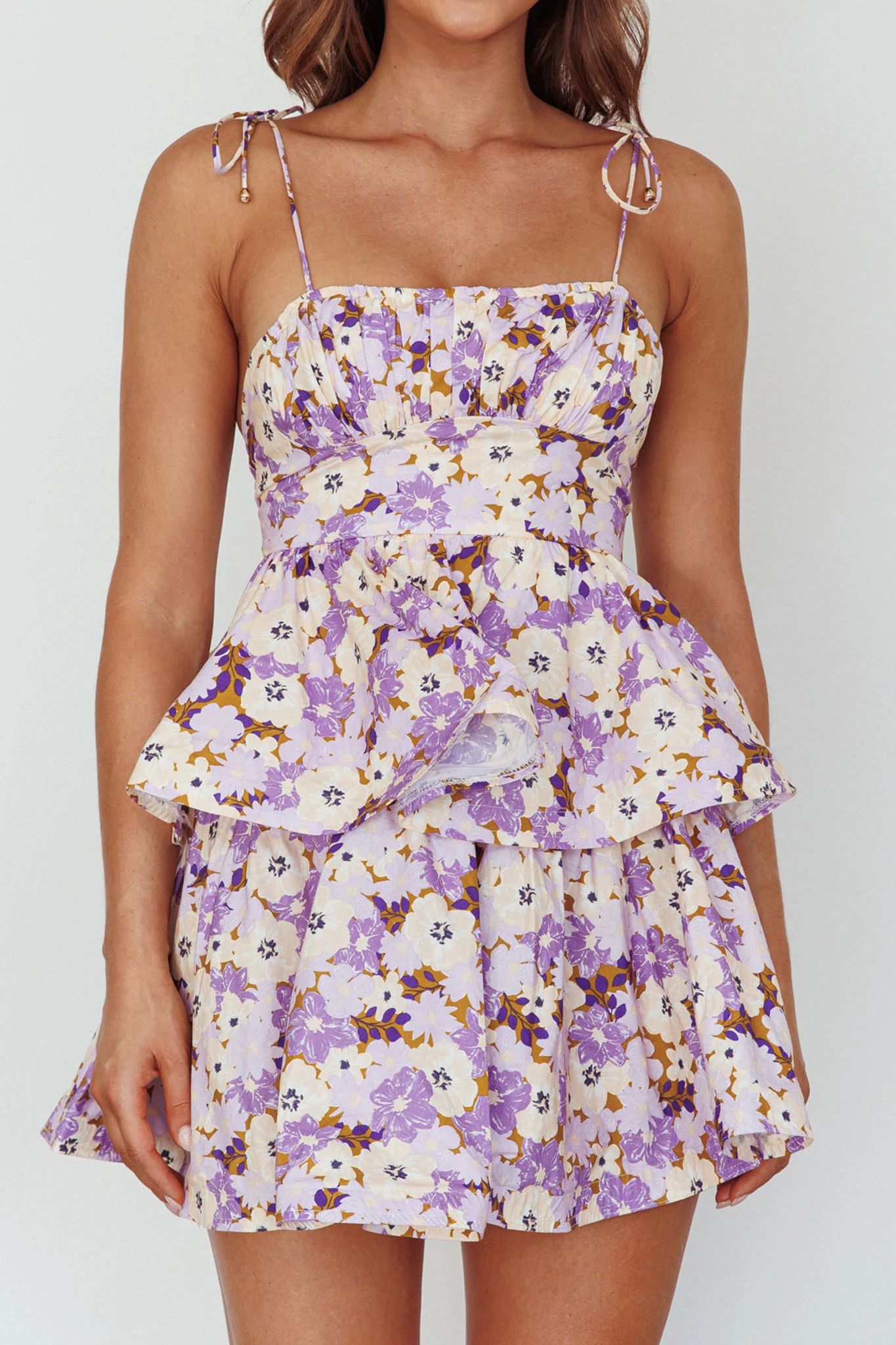 Dodi Tied Shoulder Layered Mini Dress Floral Purple - Image 4