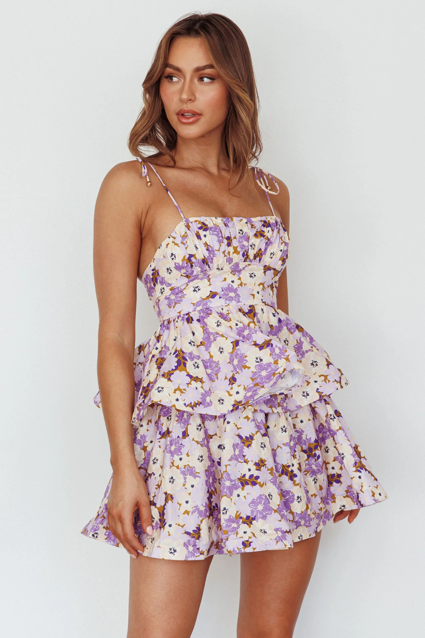 Dodi Tied Shoulder Layered Mini Dress Floral Purple - Image 5