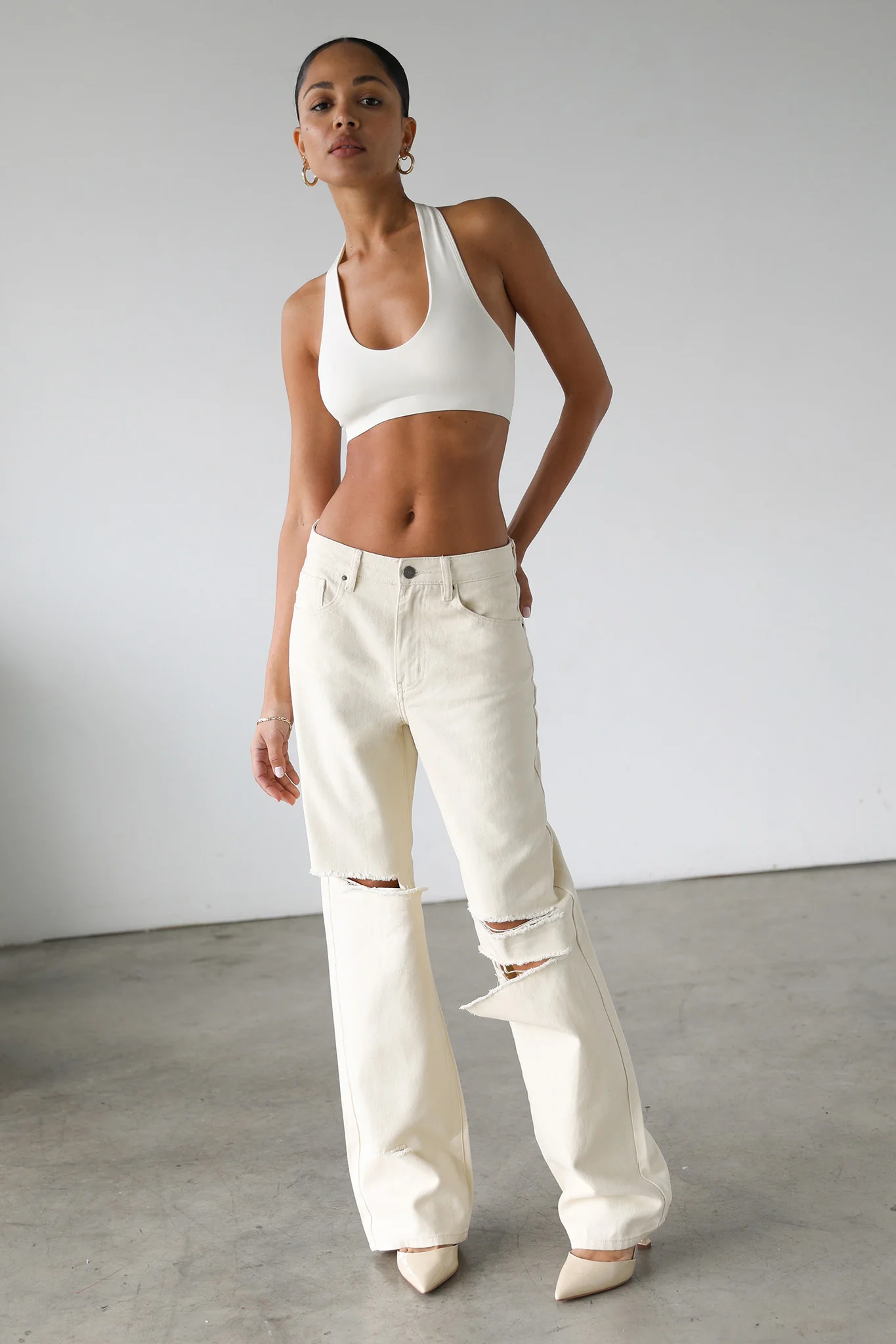 DOGMA Straight Wide Leg Skater Denim Jeans Cream - Image 5