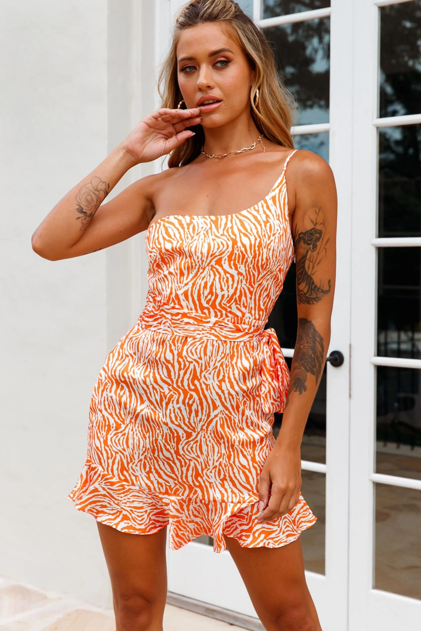 Don't Wait Up One Shoulder Waist Tie Dress Animal Print Orange/Peach - Image 7