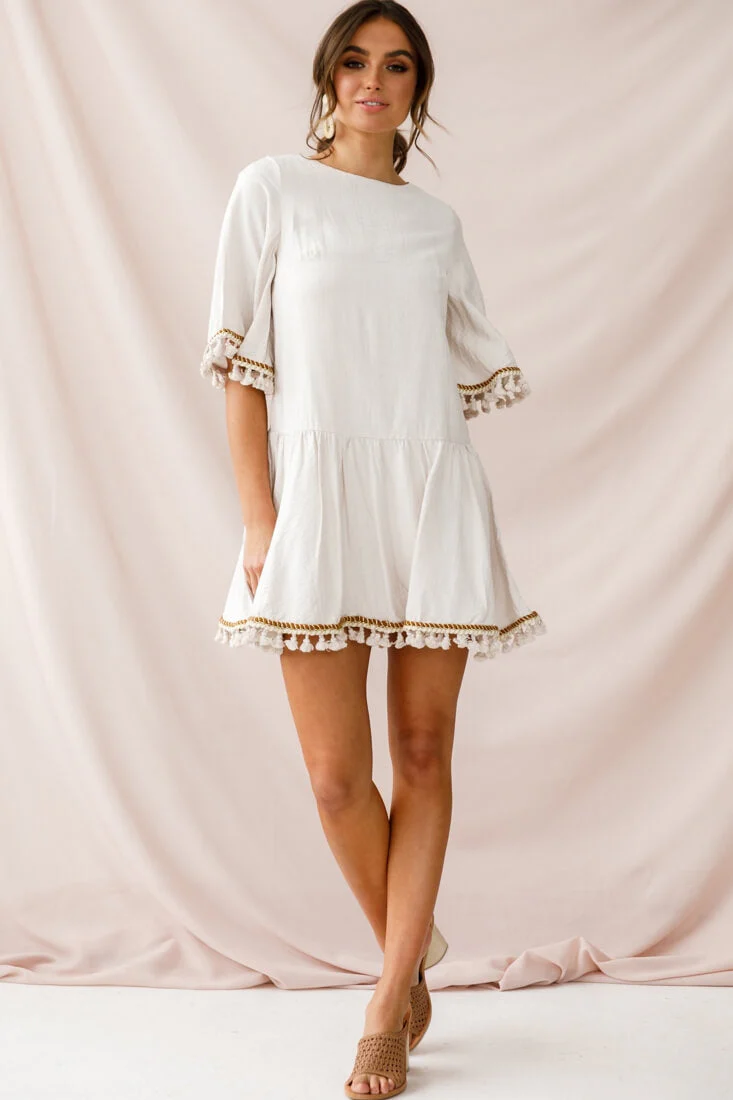 Donna Dropped Waist Tassel Dress Beige - Image 6