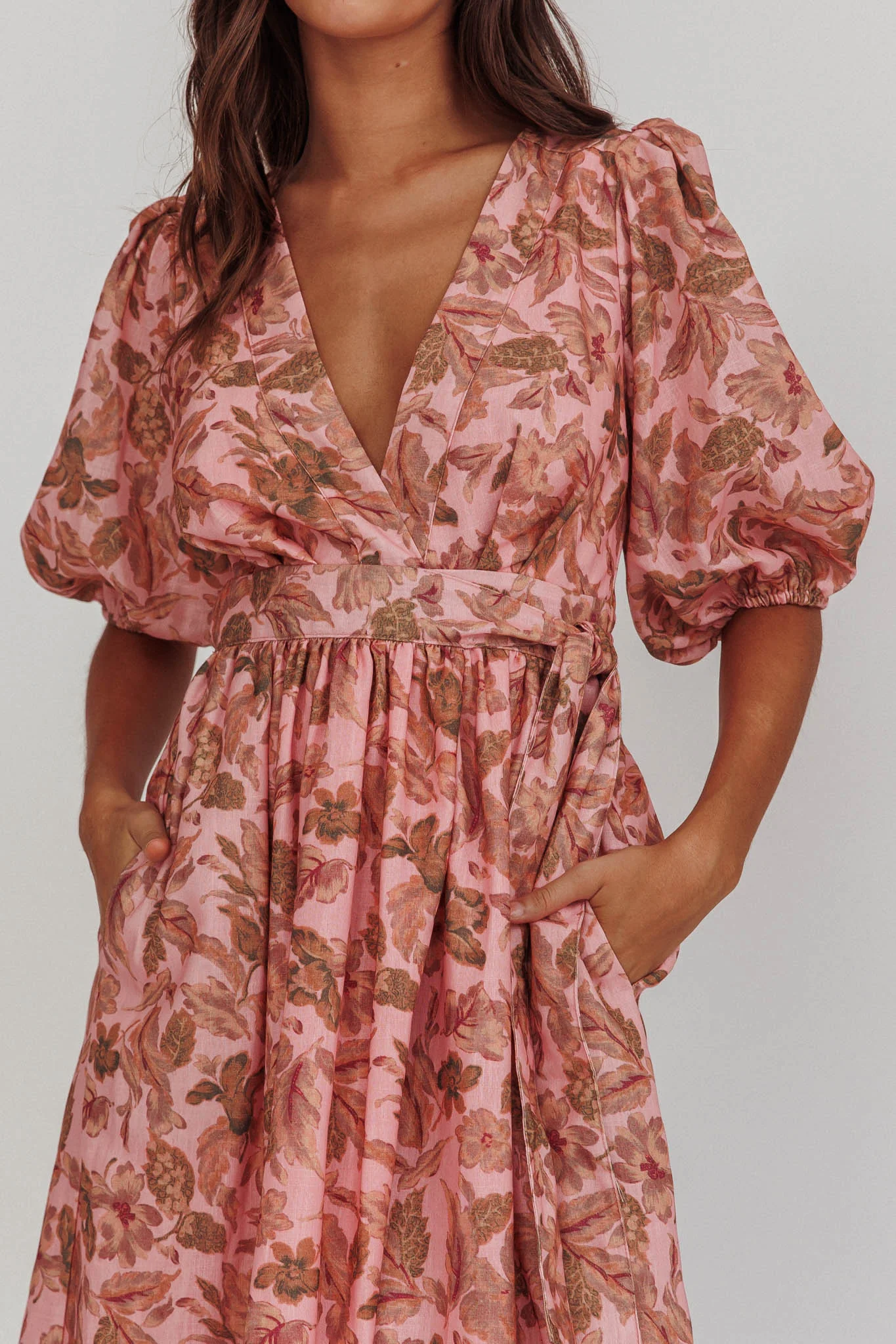 Doris Floral Puff Sleeve Midi Wrap Dress Blush - Image 5