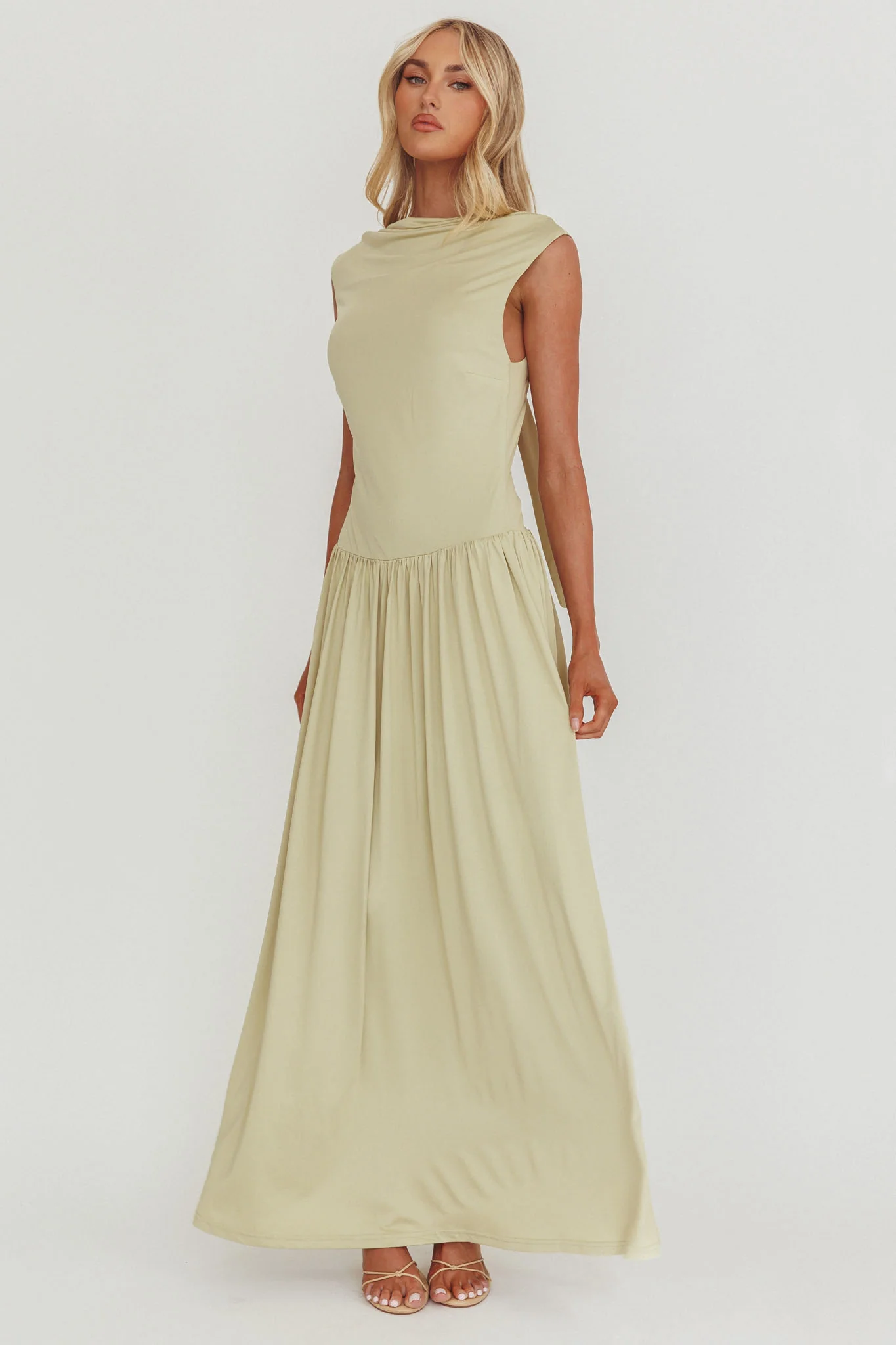 Dorothea High Cowl Open Back Maxi Dress Sage - Image 4