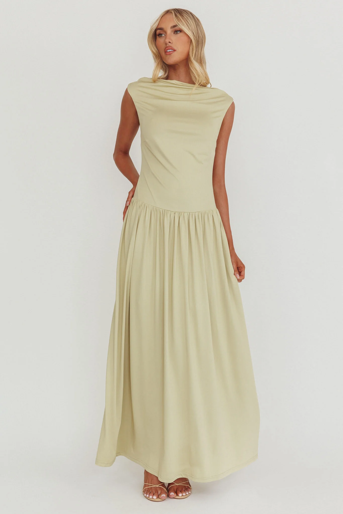 Dorothea High Cowl Open Back Maxi Dress Sage - Image 5
