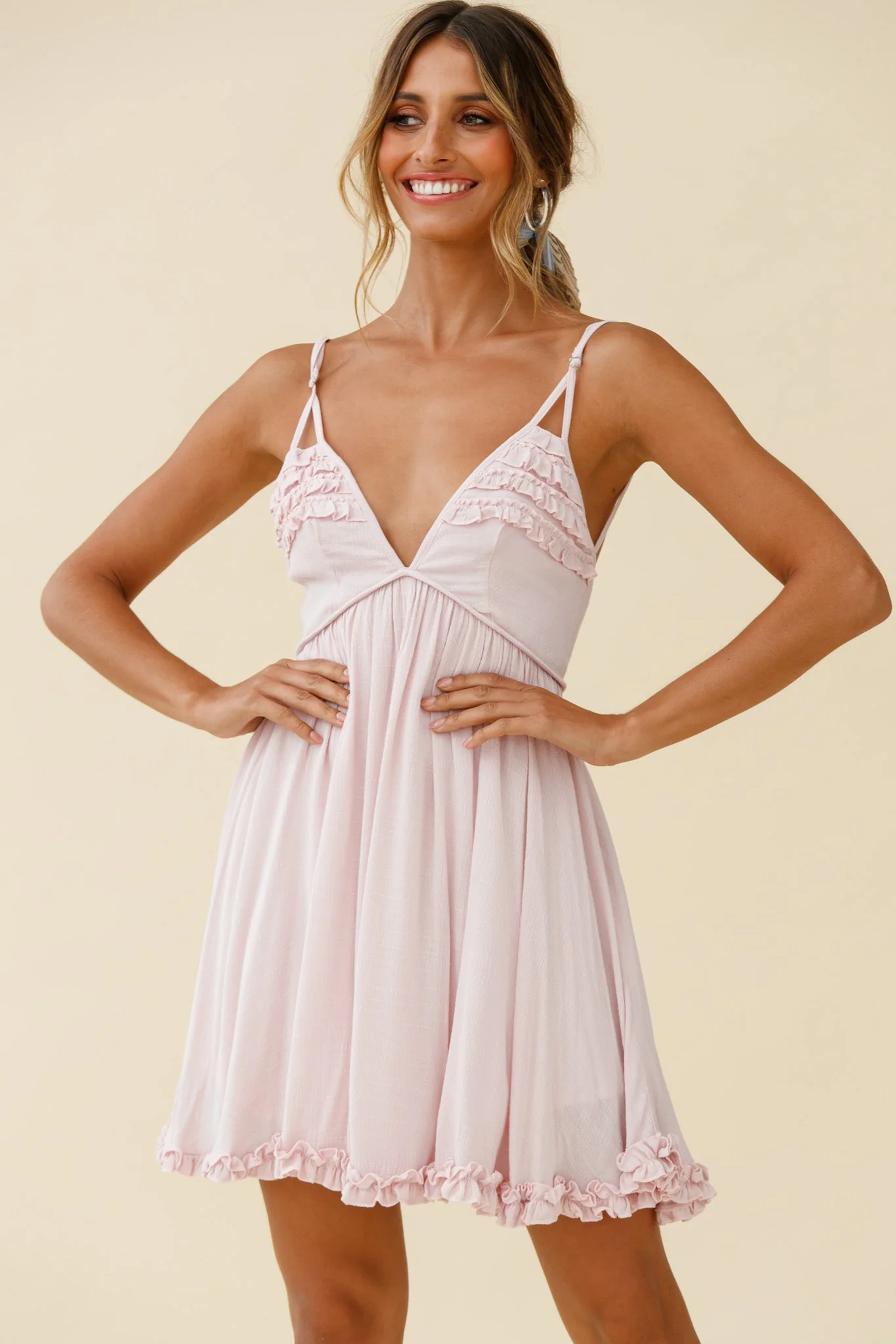 Dote On Me Frill Trim Strappy Back Babydoll Dress Baby Pink - Image 4