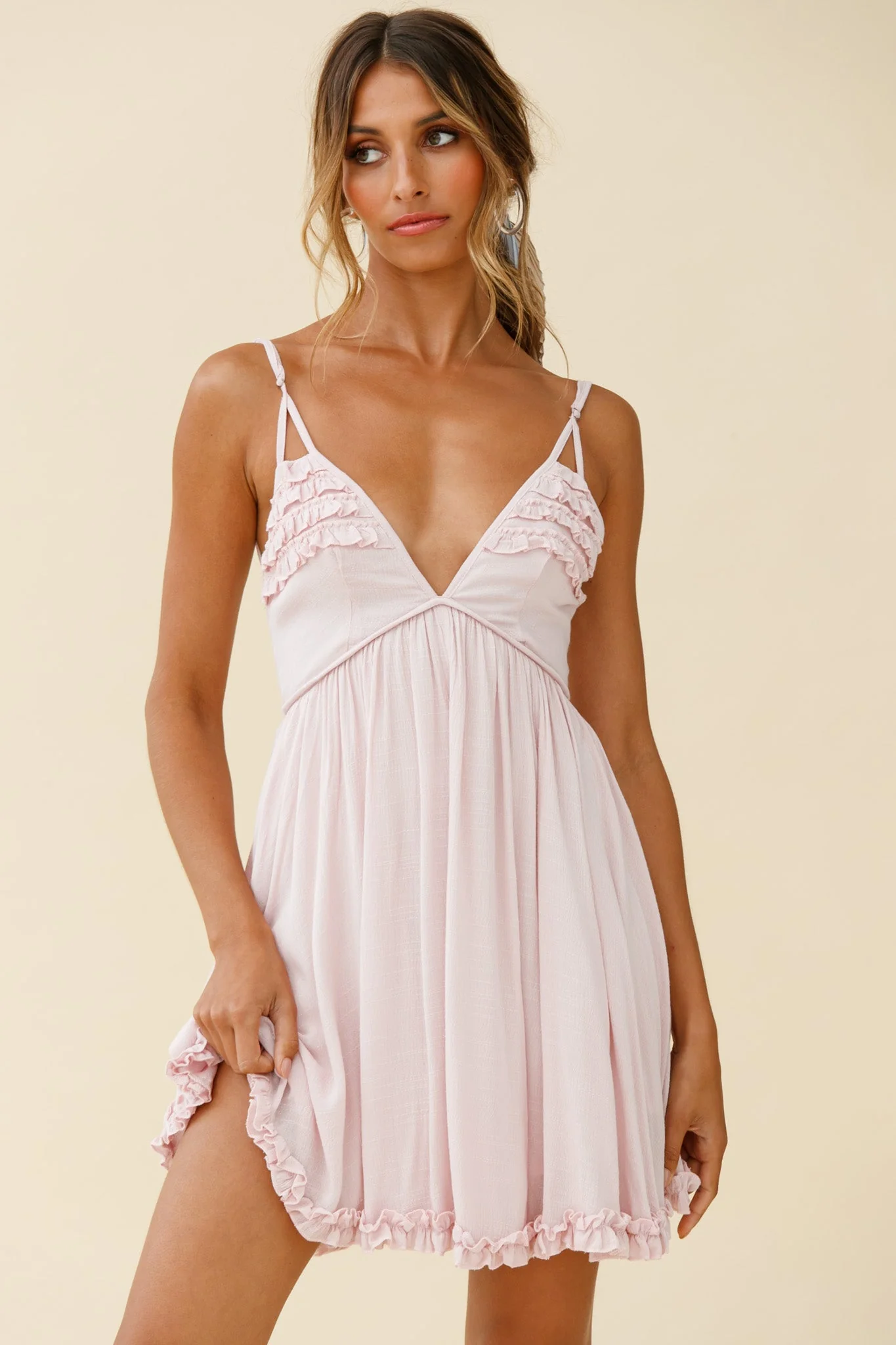 Dote On Me Frill Trim Strappy Back Babydoll Dress Baby Pink - Image 5