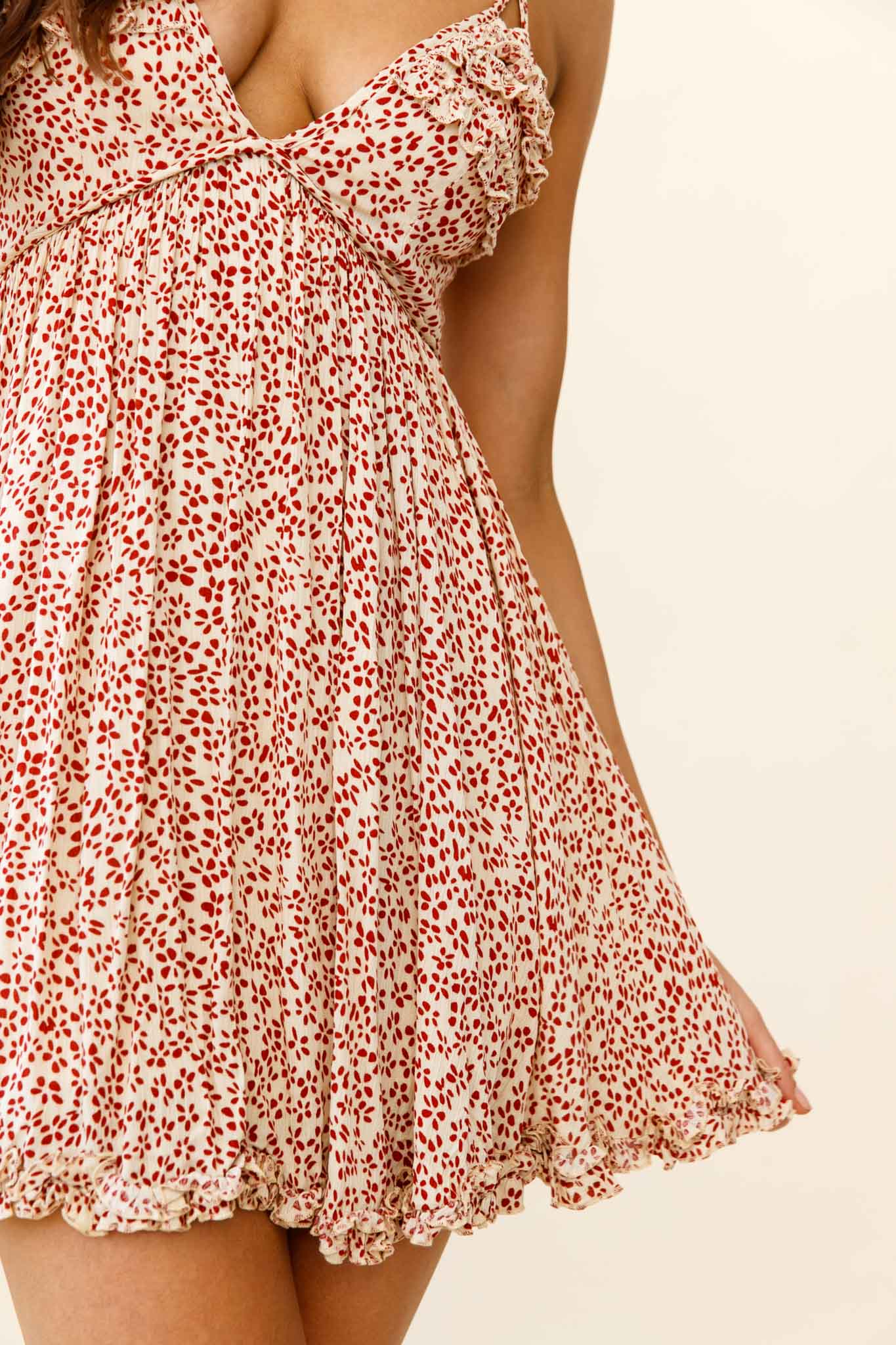 Dote On Me Frill Trim Strappy Back Dress Flower Print Beige - Image 4