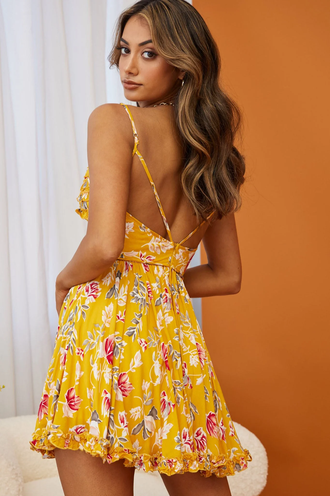 Dote On Me Frill Trim Strappy Back Dress Flower Print Mustard - Image 2