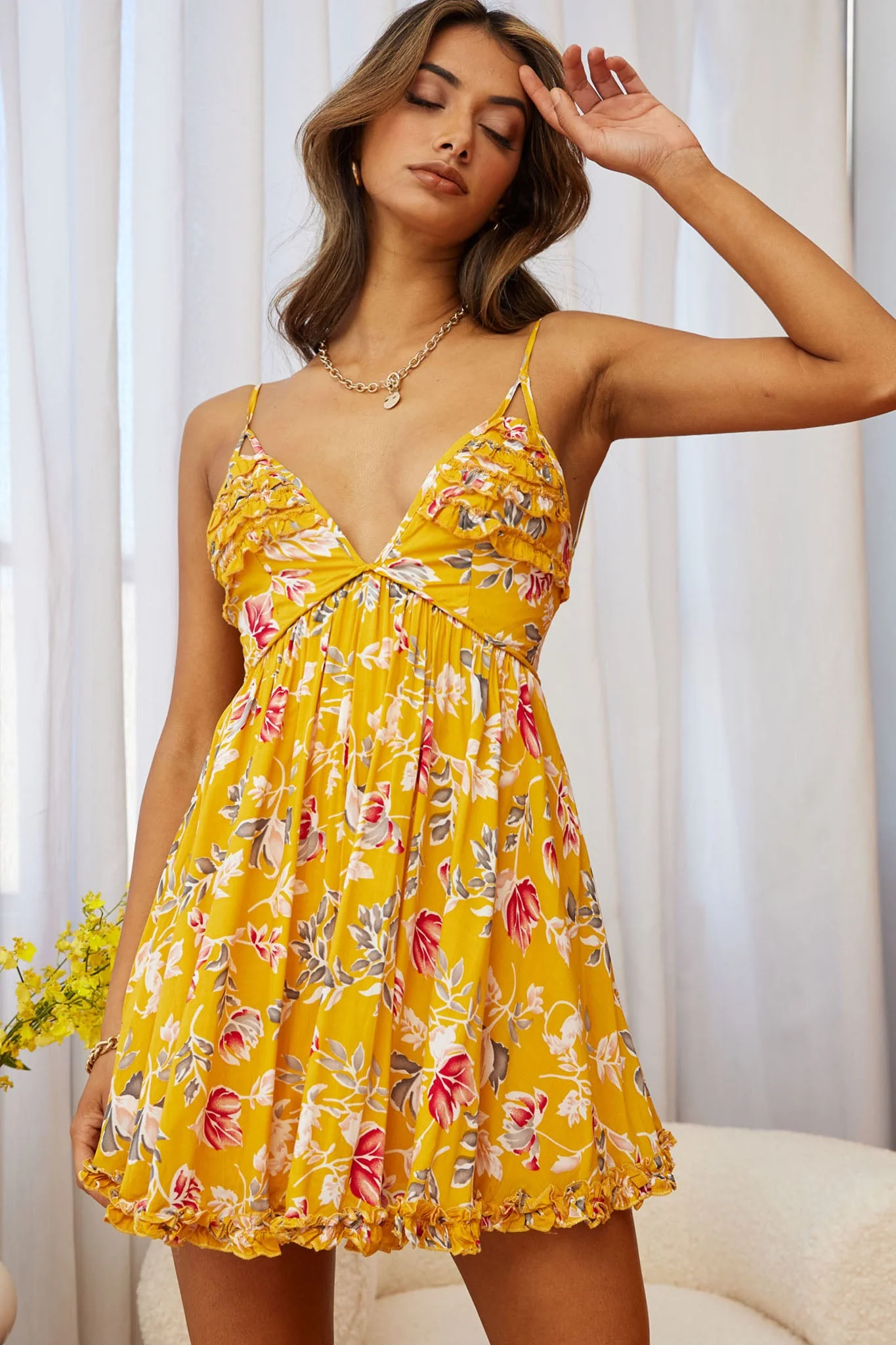 Dote On Me Frill Trim Strappy Back Dress Flower Print Mustard - Image 7