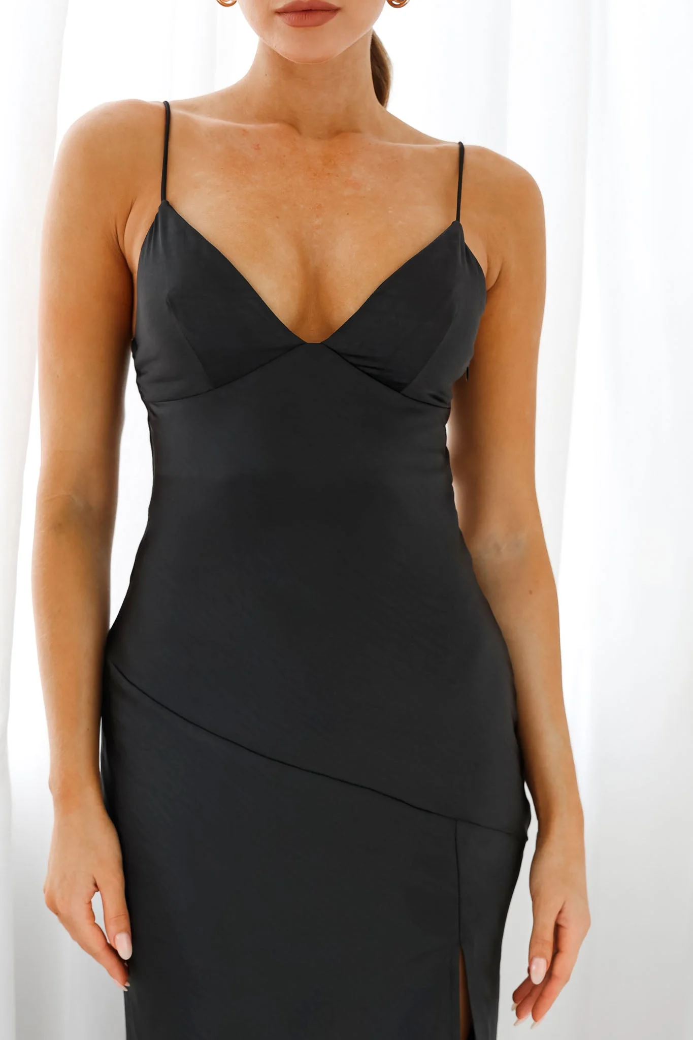 Downtown Cami Strap Front Split Midi Dress Black - Image 4