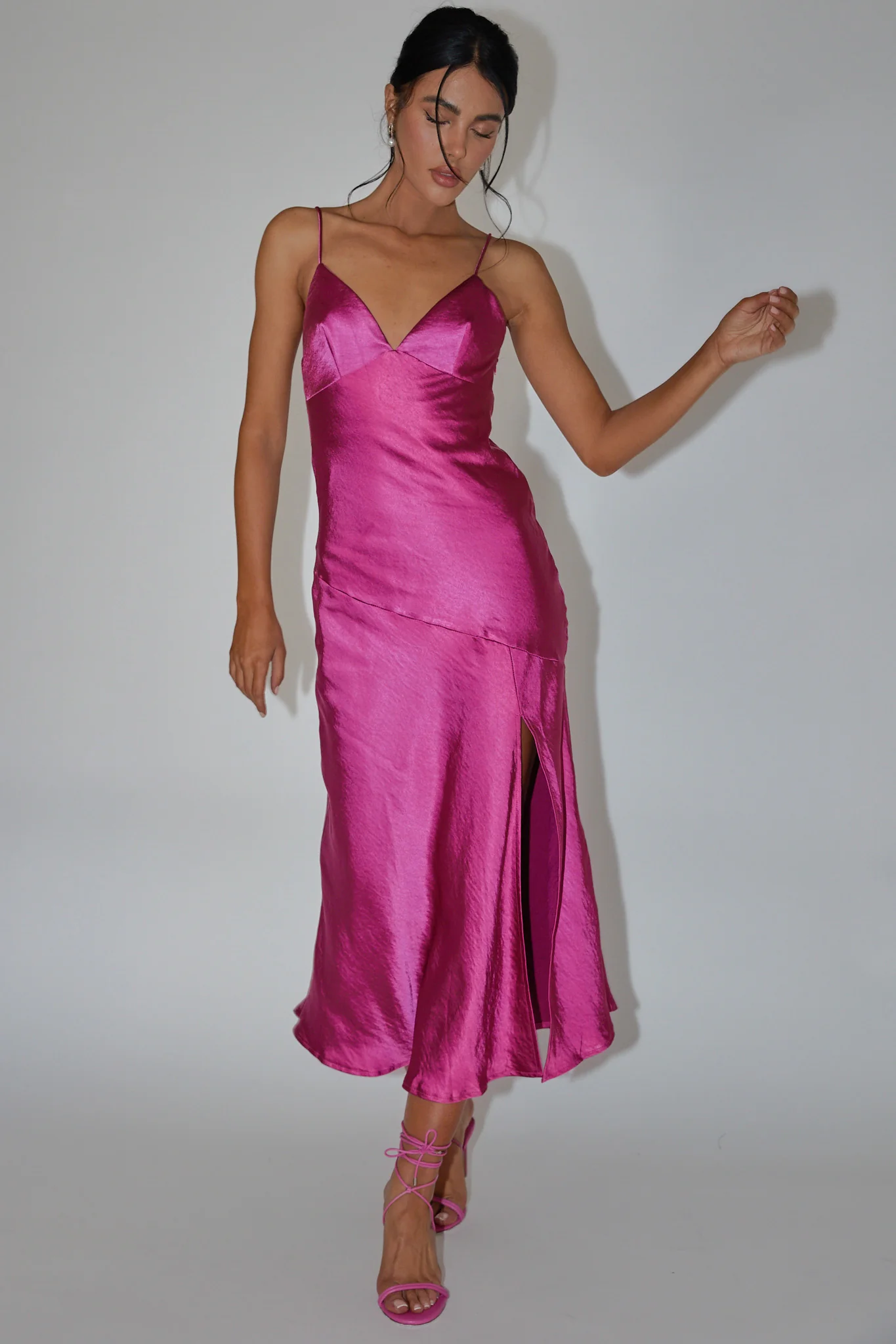 Downtown Cami Strap Front Split Midi Dress Fuchsia - Image 3
