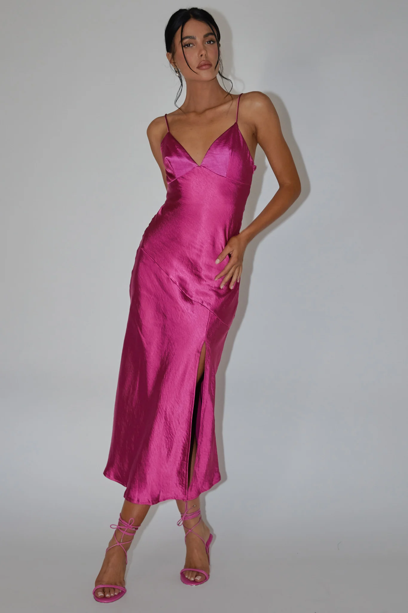 Downtown Cami Strap Front Split Midi Dress Fuchsia - Image 5