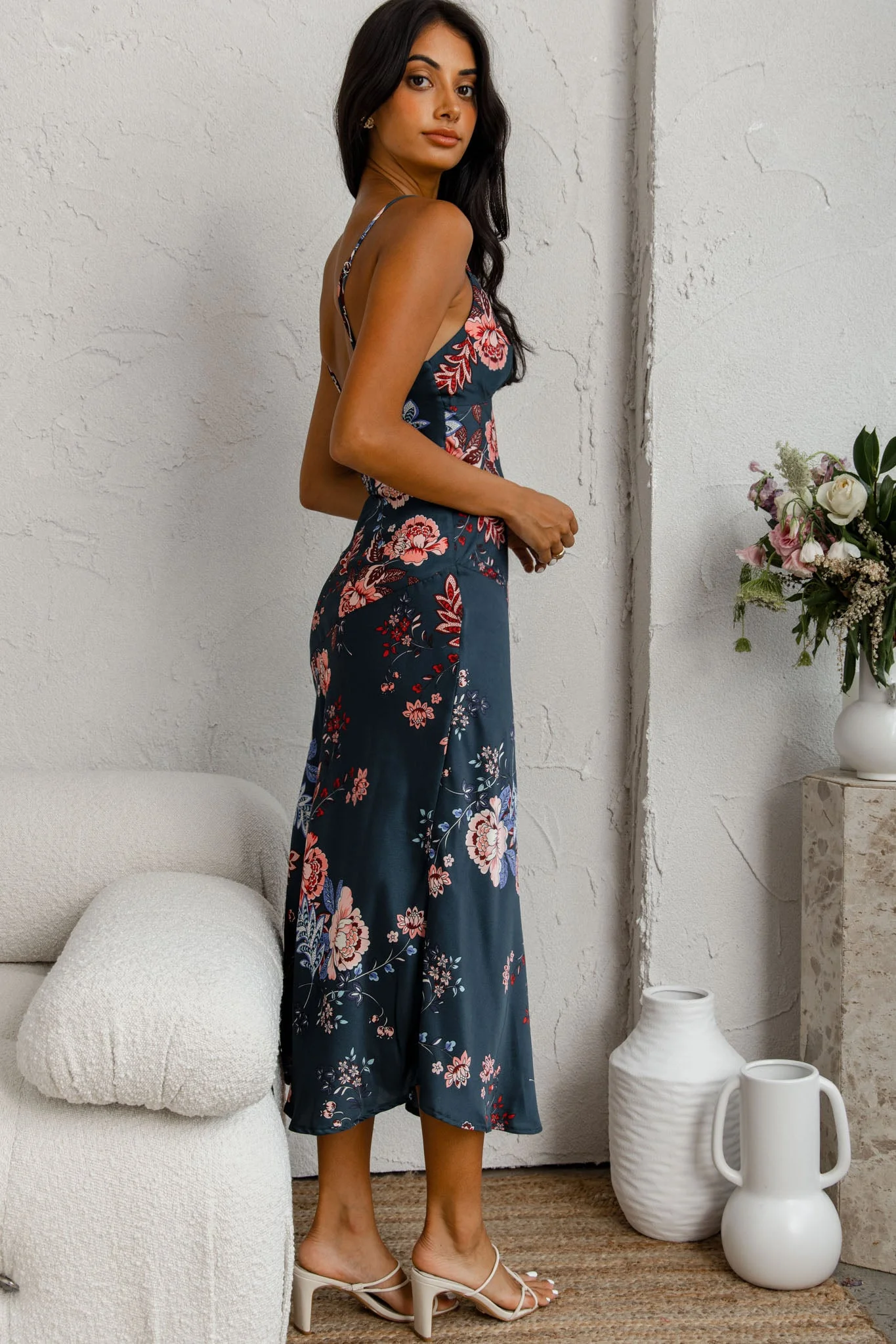 Downtown Cami Strap Front Split Midi Dress Oriental Flower Print Forest Green - Image 2