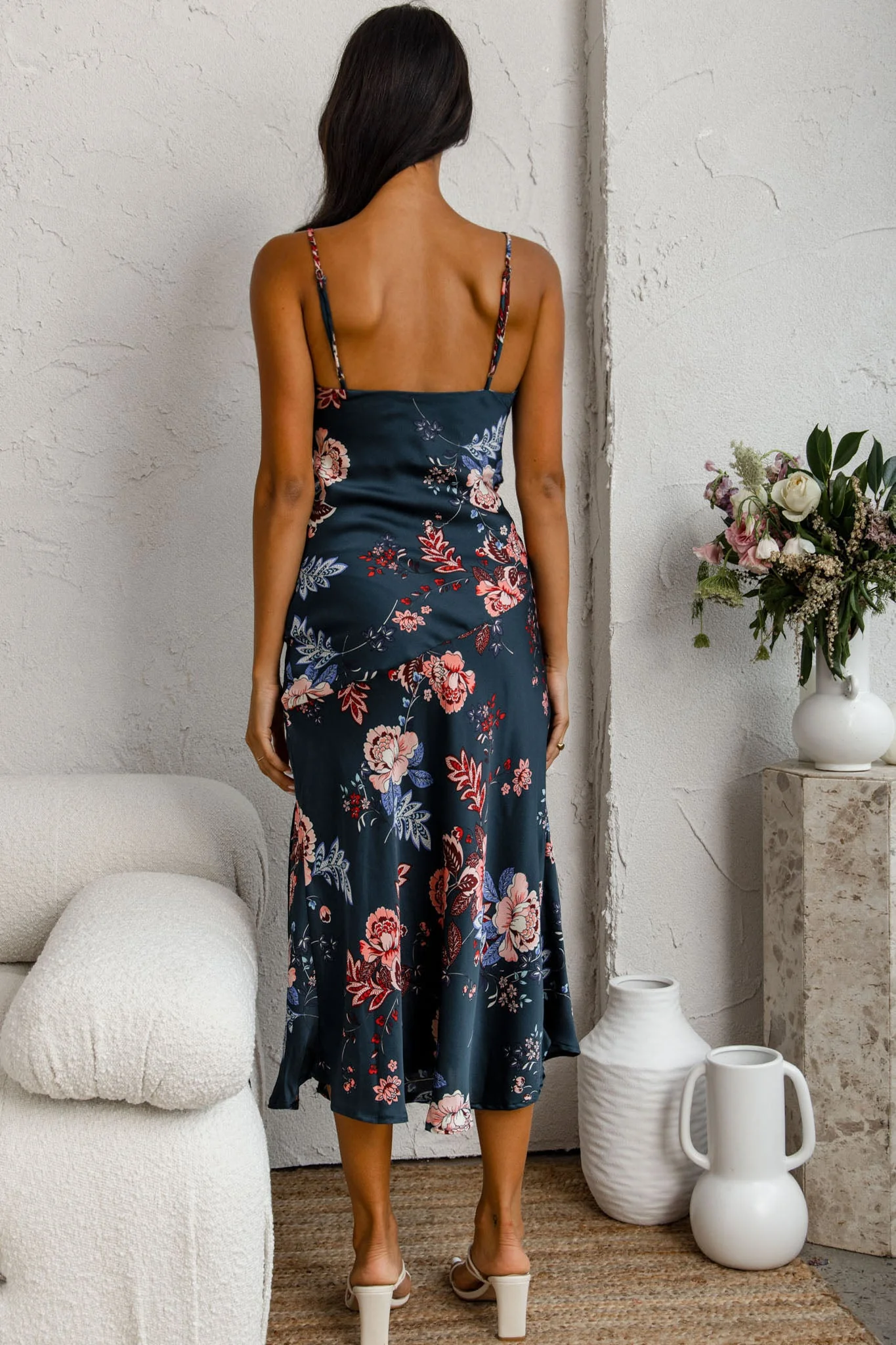 Downtown Cami Strap Front Split Midi Dress Oriental Flower Print Forest Green - Image 6