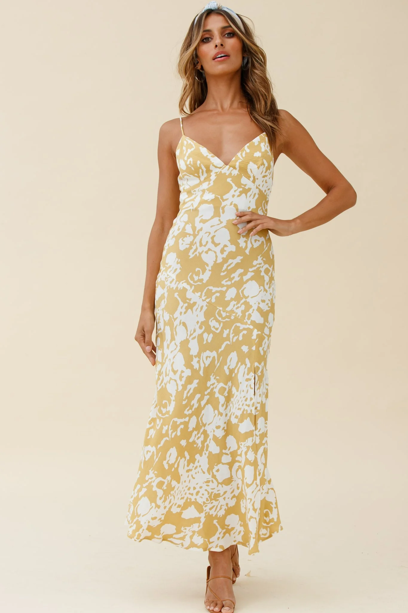Downtown Cami Strap Front Split Midi Dress Stencil Print Mustard - Image 3