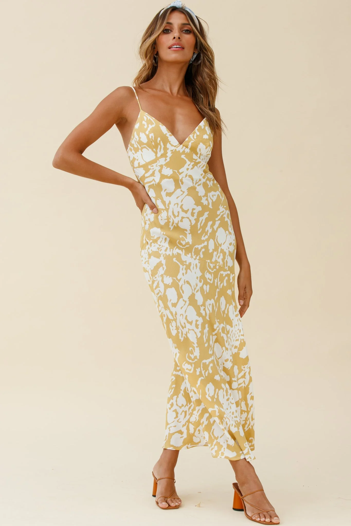 Downtown Cami Strap Front Split Midi Dress Stencil Print Mustard - Image 6