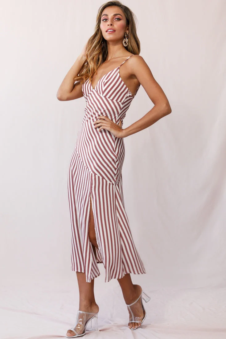 Downtown Cami Strap Front Split Midi Dress Stripe Print Rose - Image 2