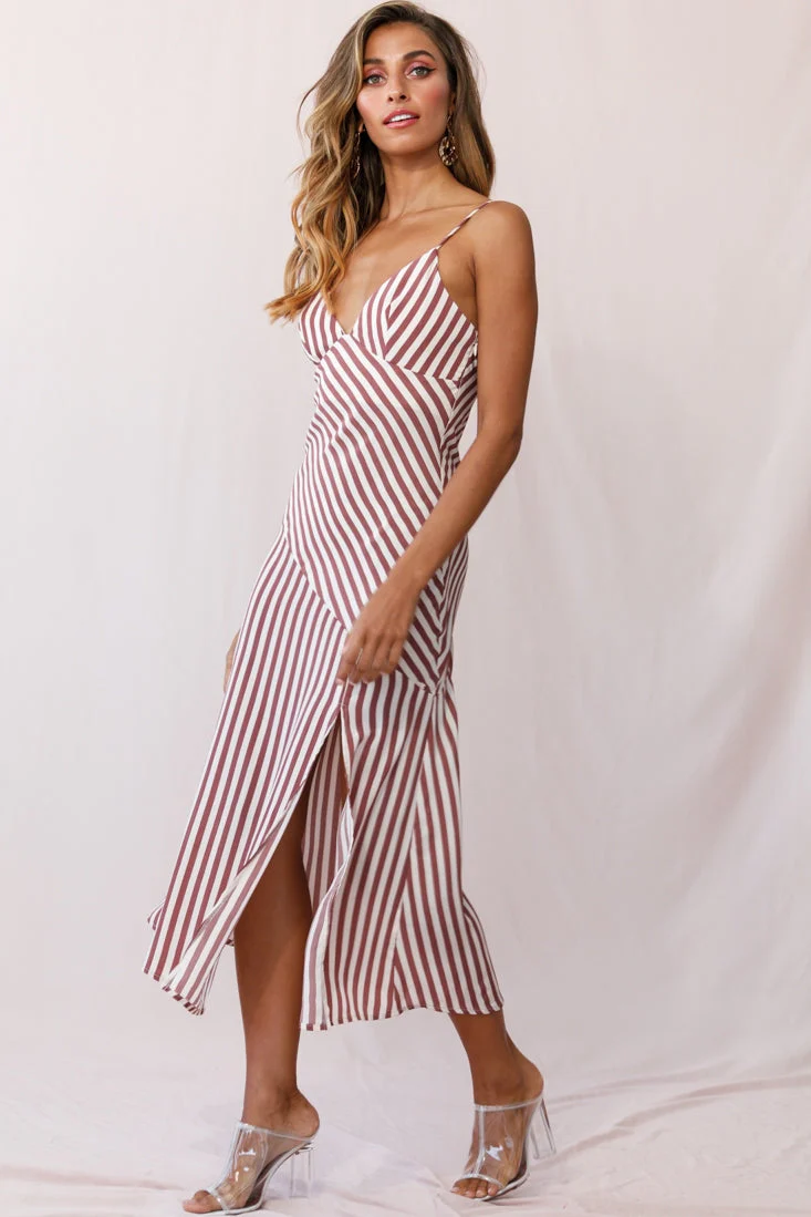 Downtown Cami Strap Front Split Midi Dress Stripe Print Rose - Image 5