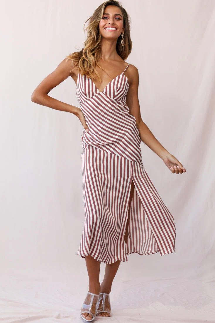 Downtown Cami Strap Front Split Midi Dress Stripe Print Rose - Image 6