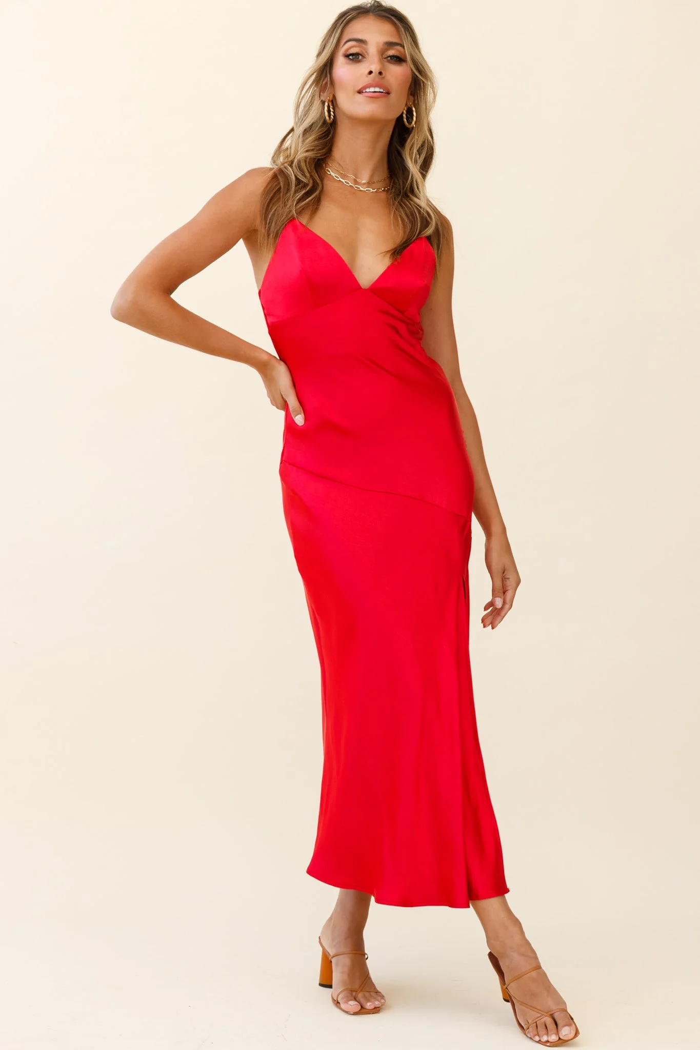Downtown Cami Strap Front Split Midi Dress Wine - Image 3