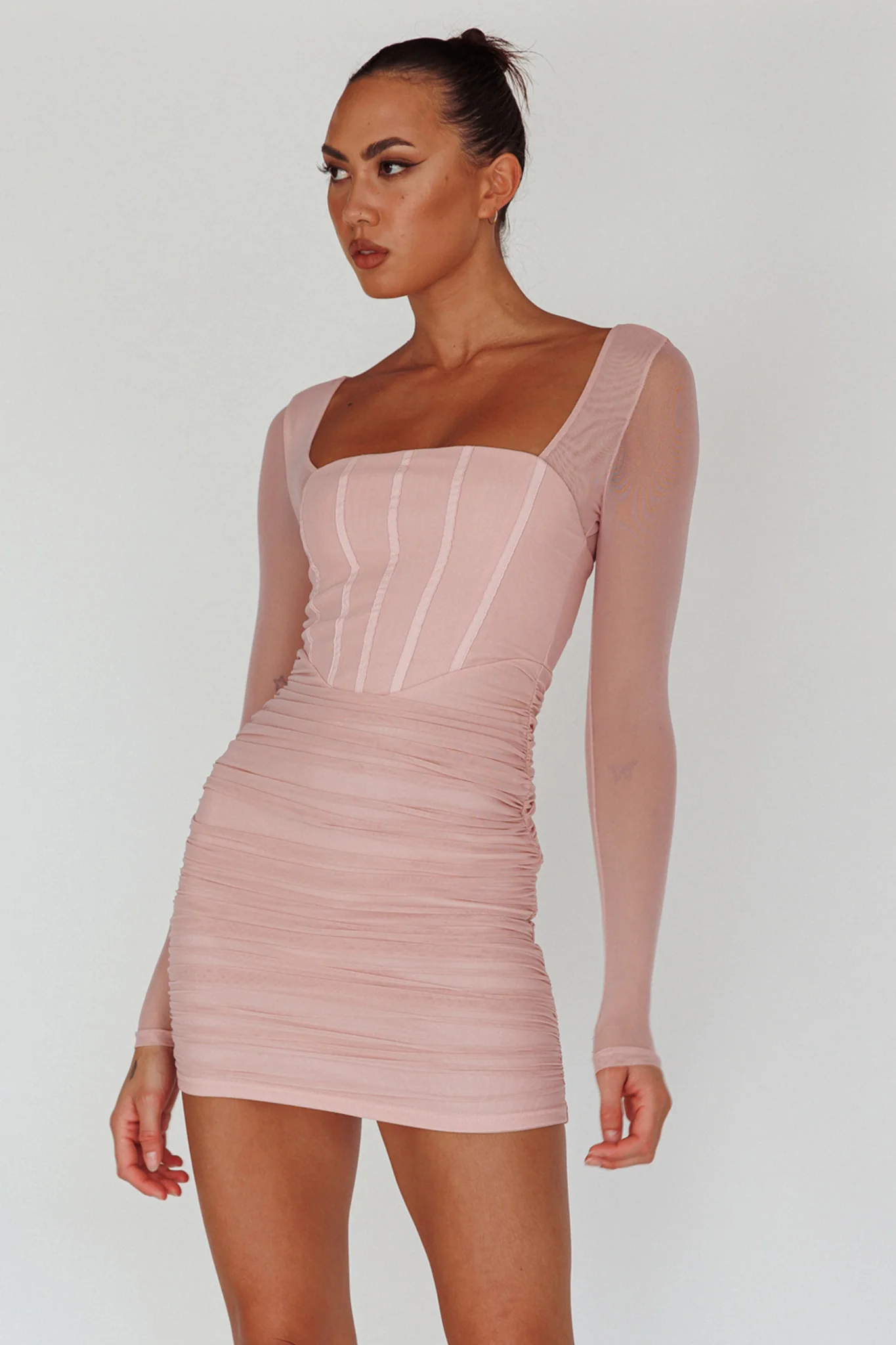 Dream Catcher Long Sleeve Ruched Mini Dress Blush - Image 5