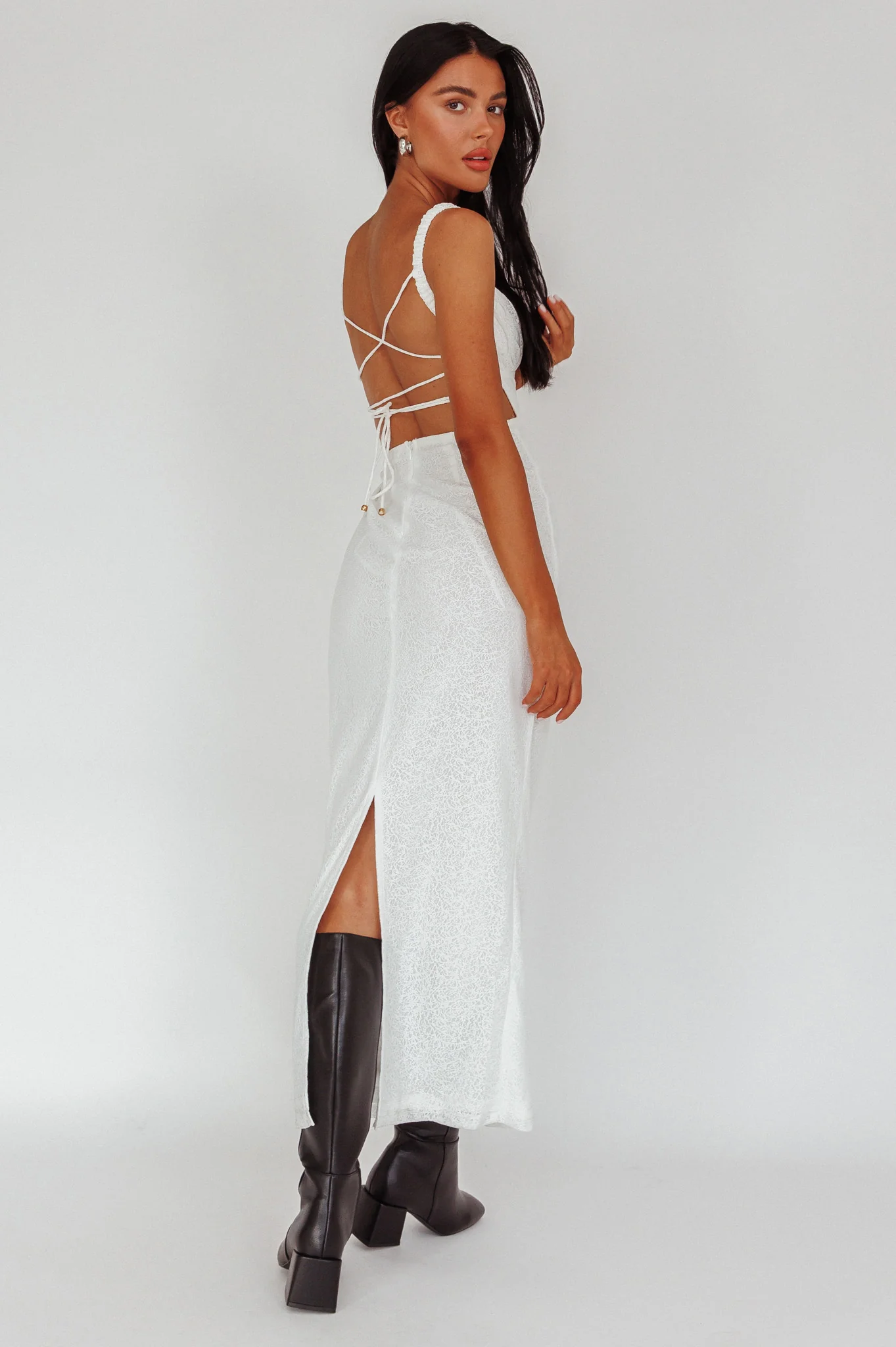 Dream Crush Lace-Up Back Mesh Overlay Midi Dress White - Image 2
