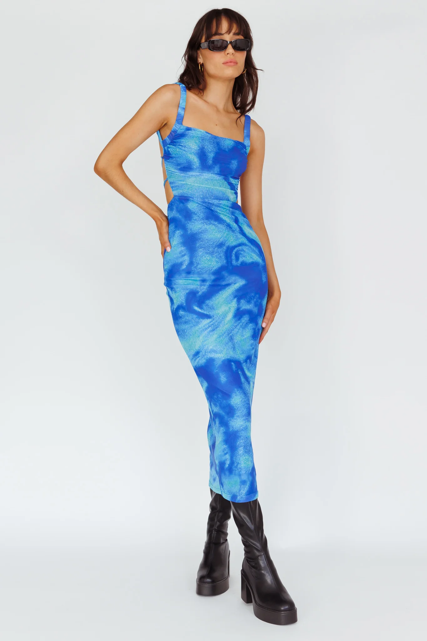 Dream Crush Lace-Up Back Side Split Maxi Dress Swirl Blue - Image 2