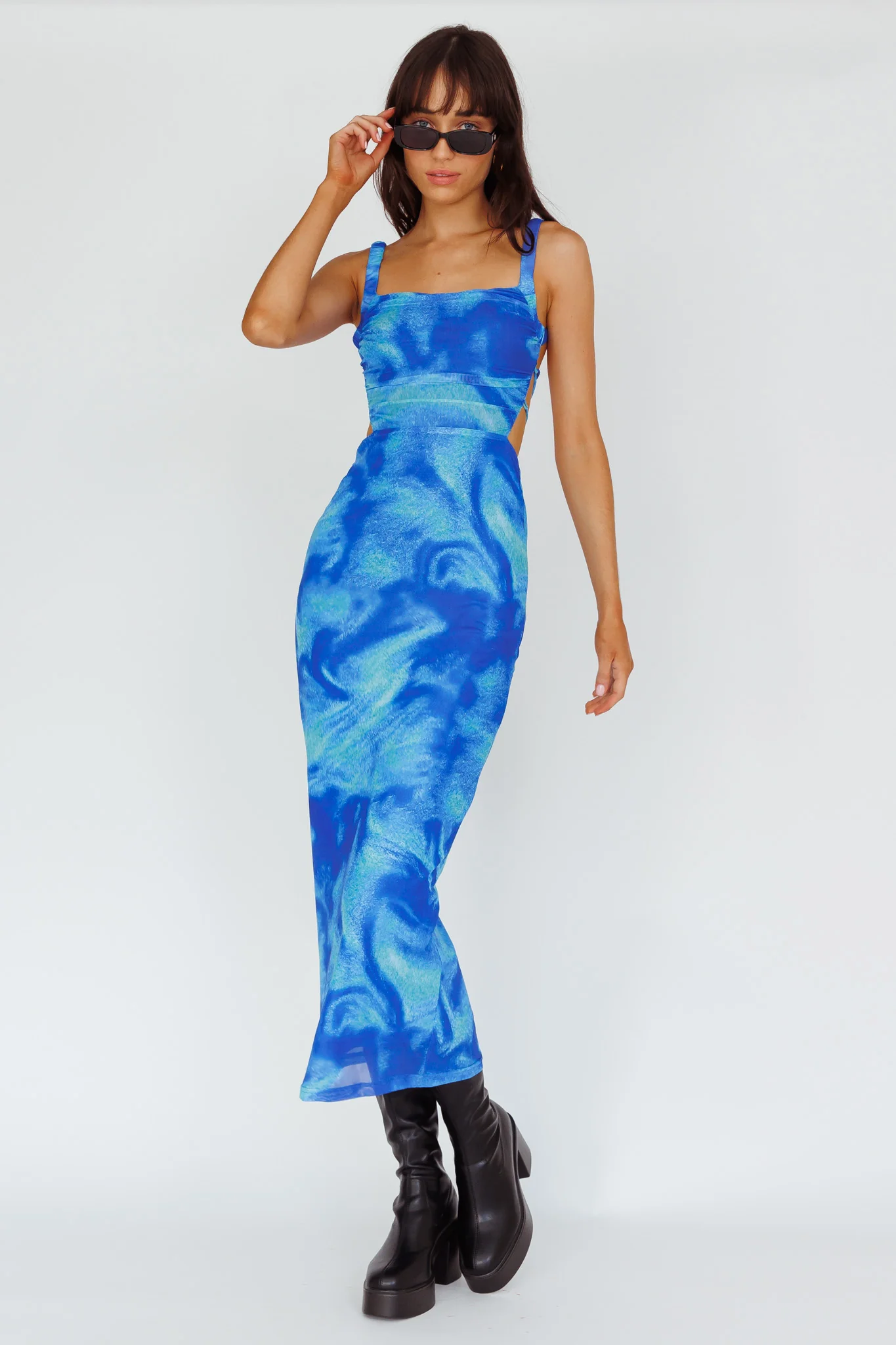 Dream Crush Lace-Up Back Side Split Maxi Dress Swirl Blue - Image 3