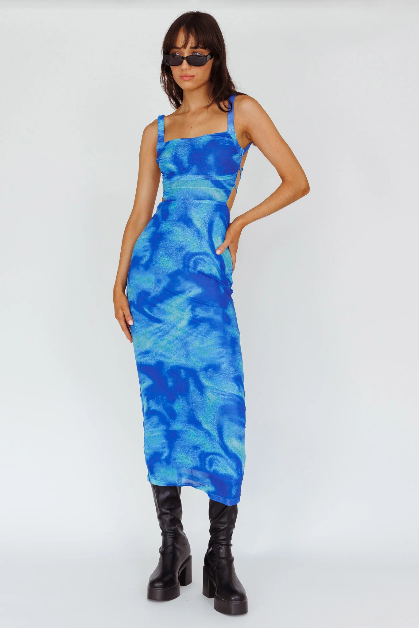 Dream Crush Lace-Up Back Side Split Maxi Dress Swirl Blue - Image 5